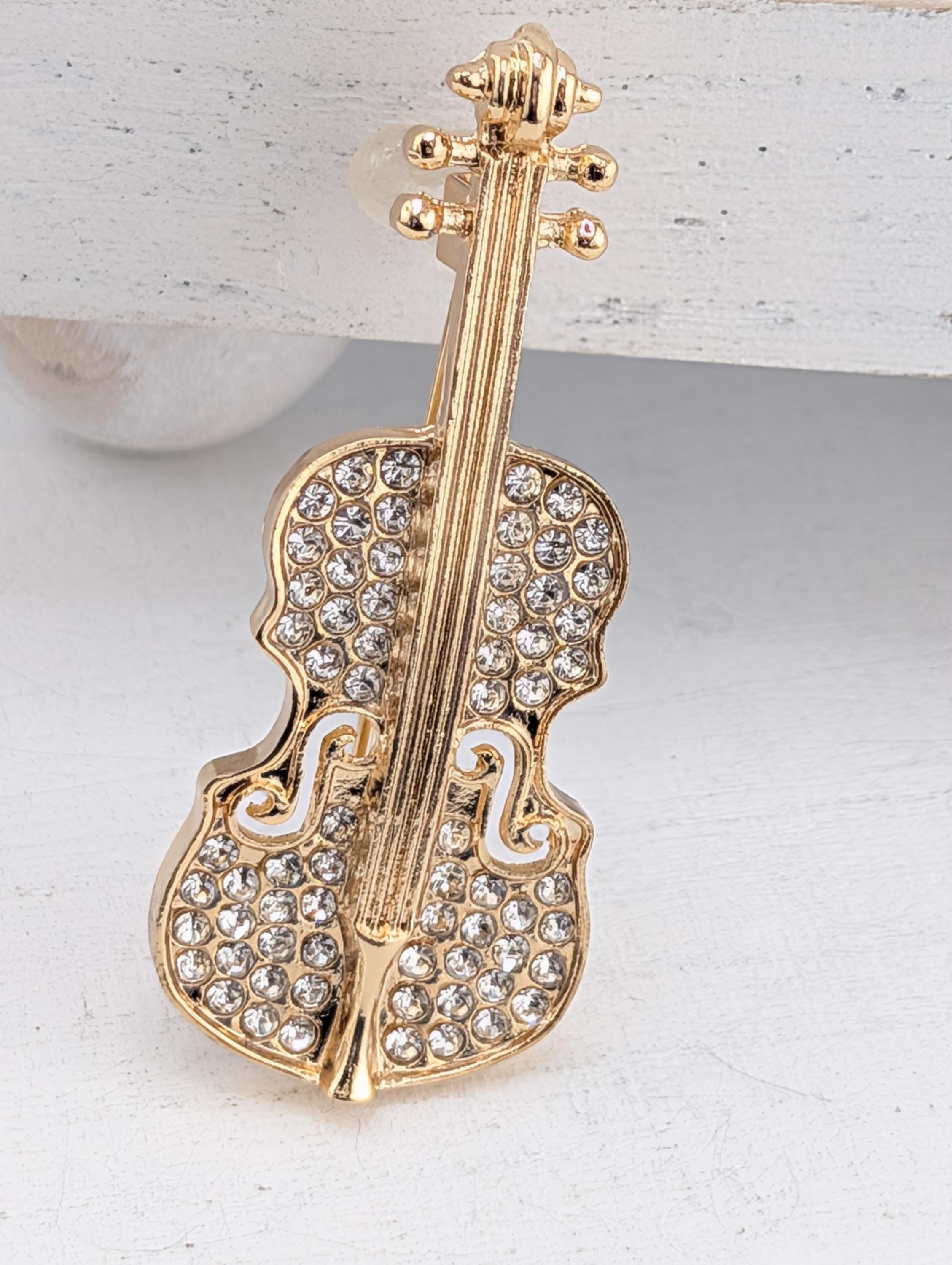 Violin Brooch Pin: Gold Tone with Rhinestones - Elegant Music Accessory
