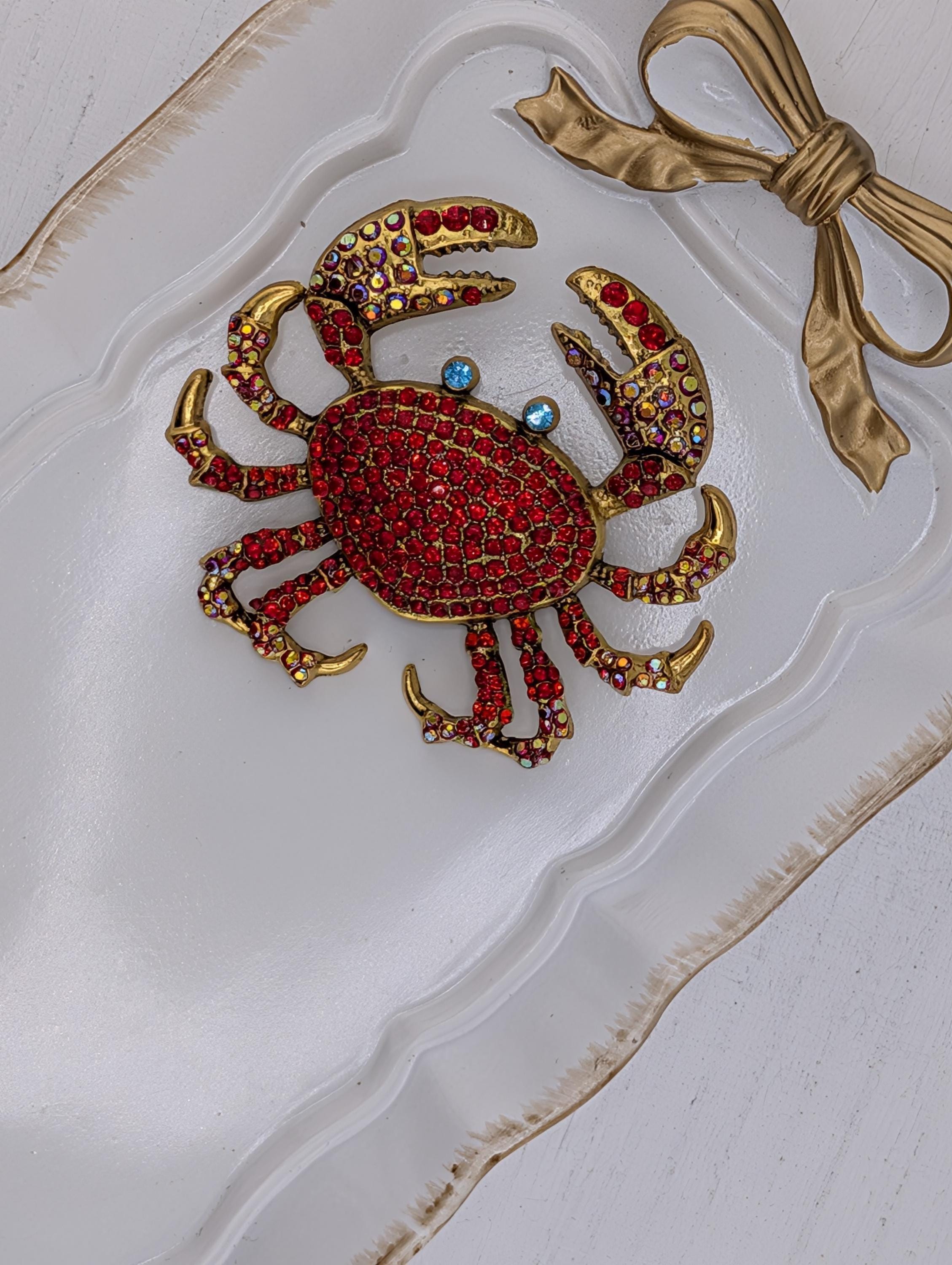 Gold Plated Crab Brooch: Coastal Pin with Red Rhinestones