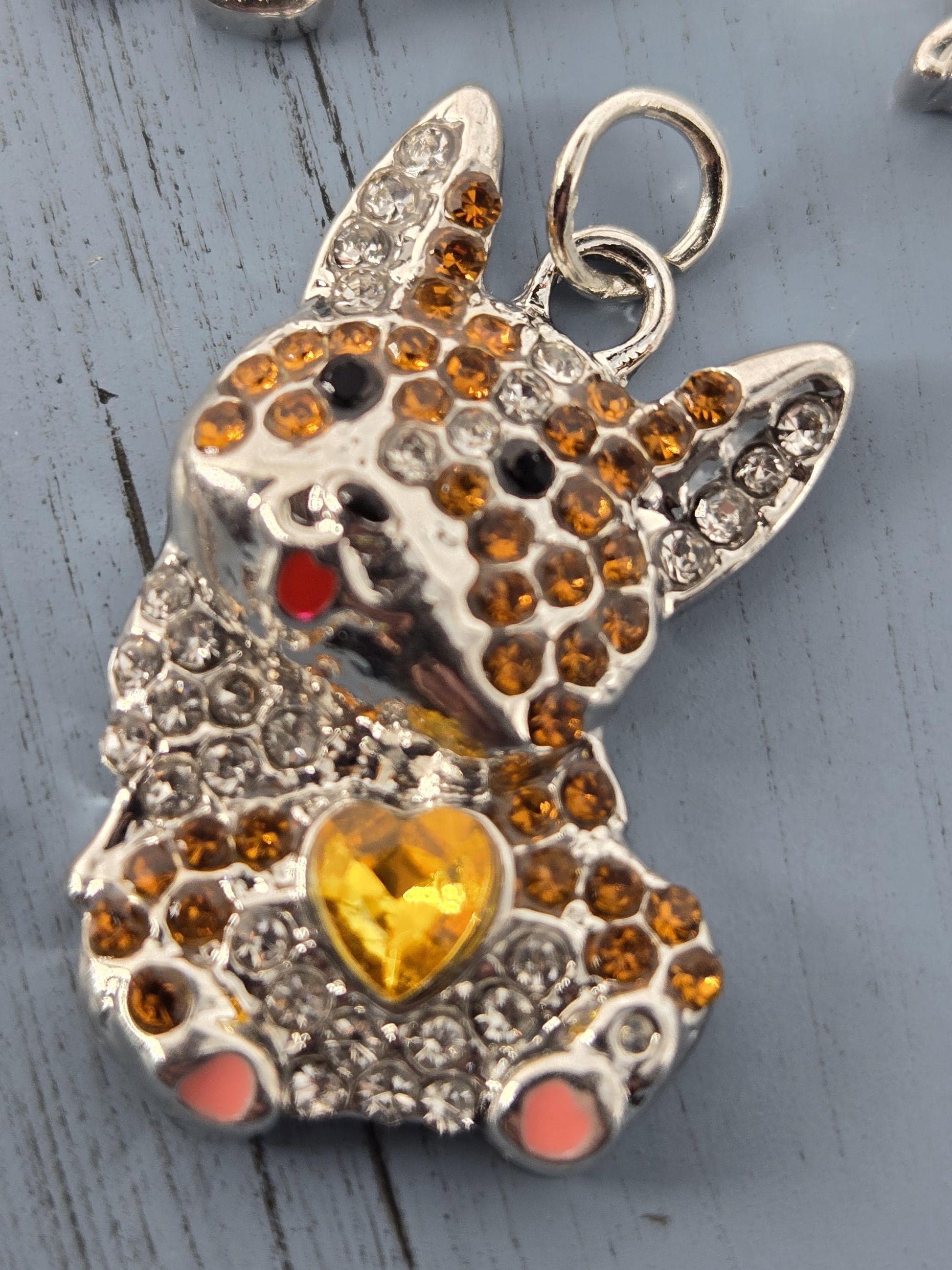 Silver Corgi Pendant - Yellow Heart and Sparkling Rhinestones