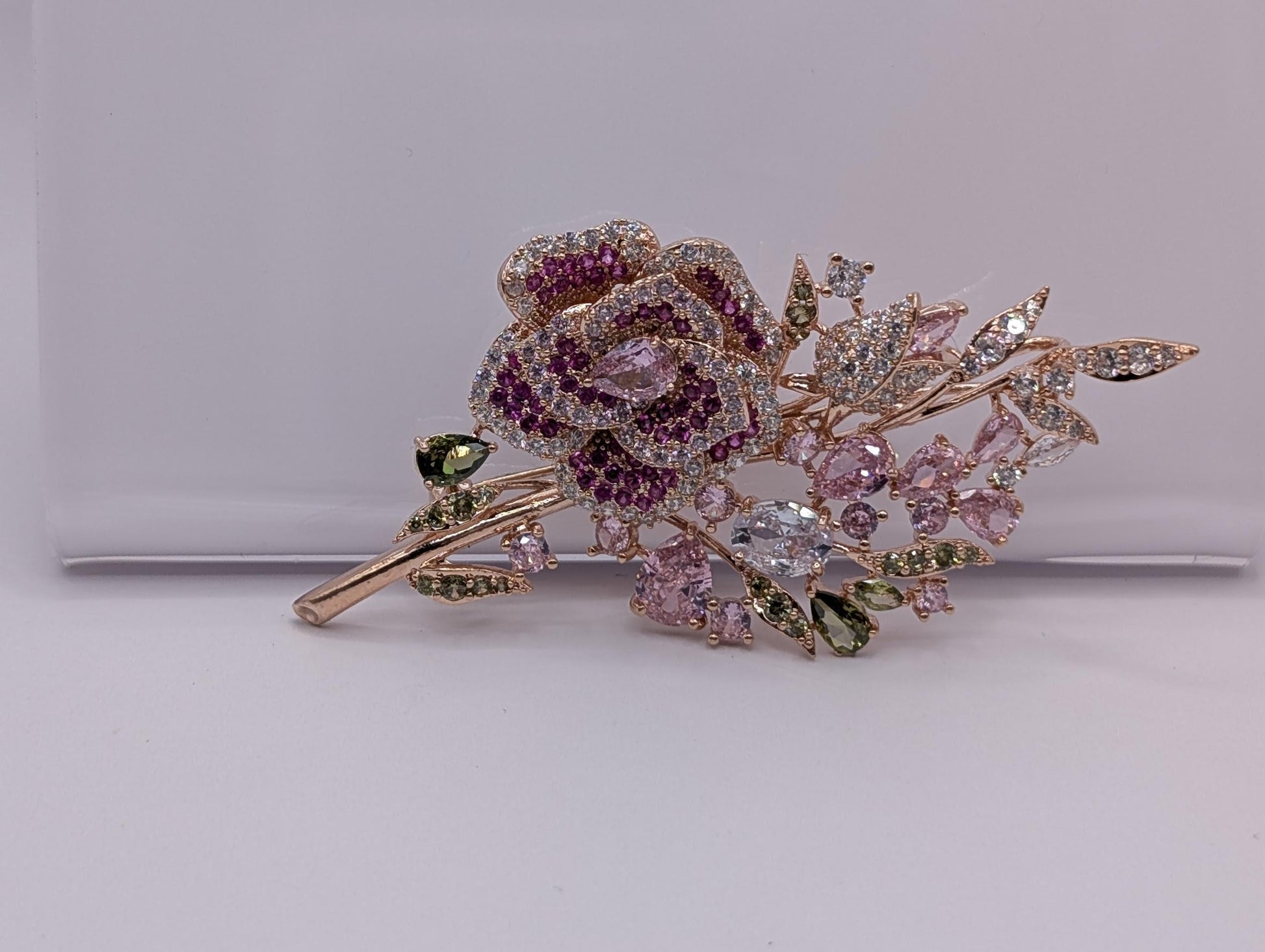 Floral Brooch Pin: Rose Gold Tone with Sparkling Rhinestones - Lightweight