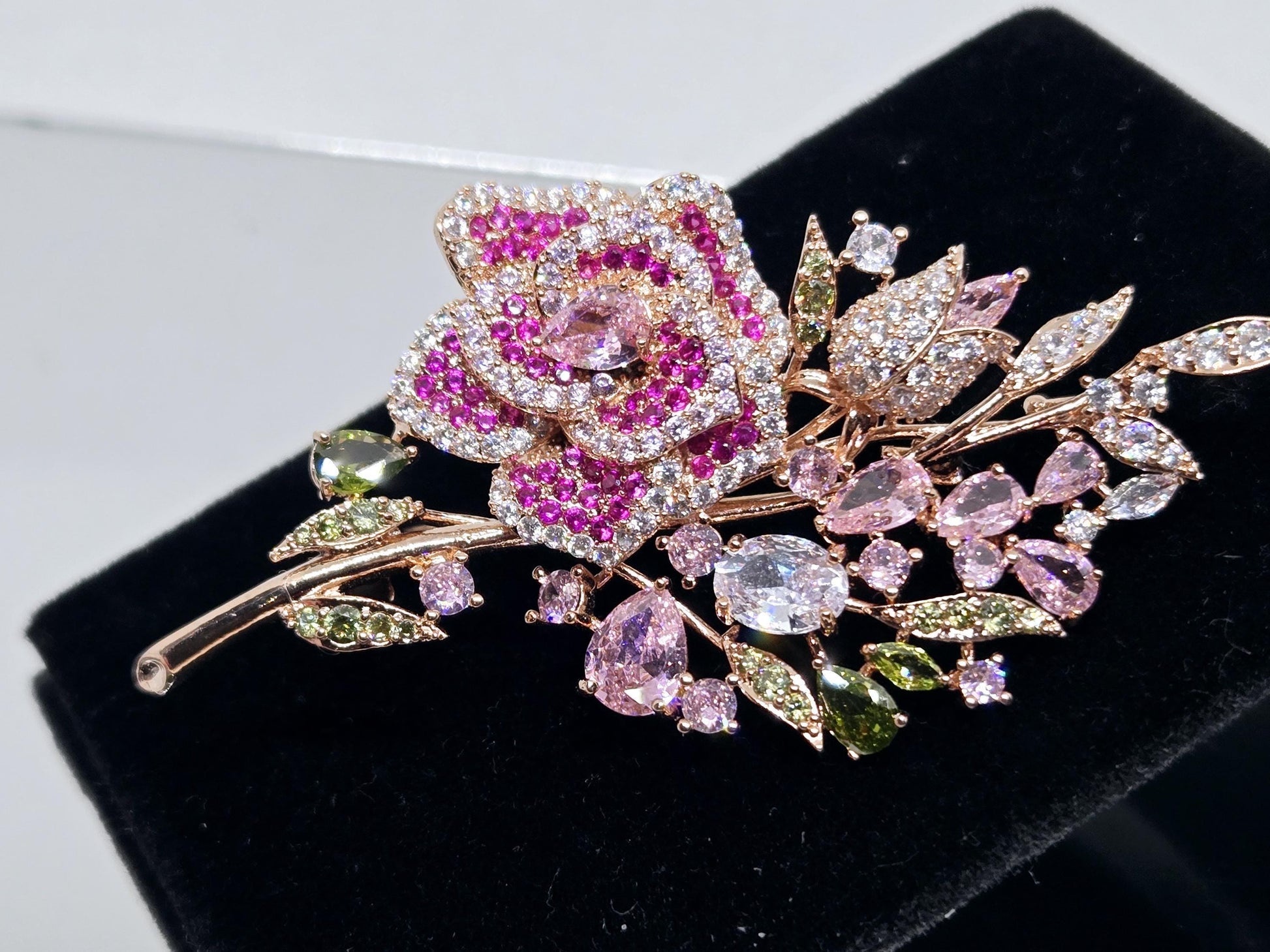 Floral Brooch Pin: Rose Gold Tone with Sparkling Rhinestones - Lightweight