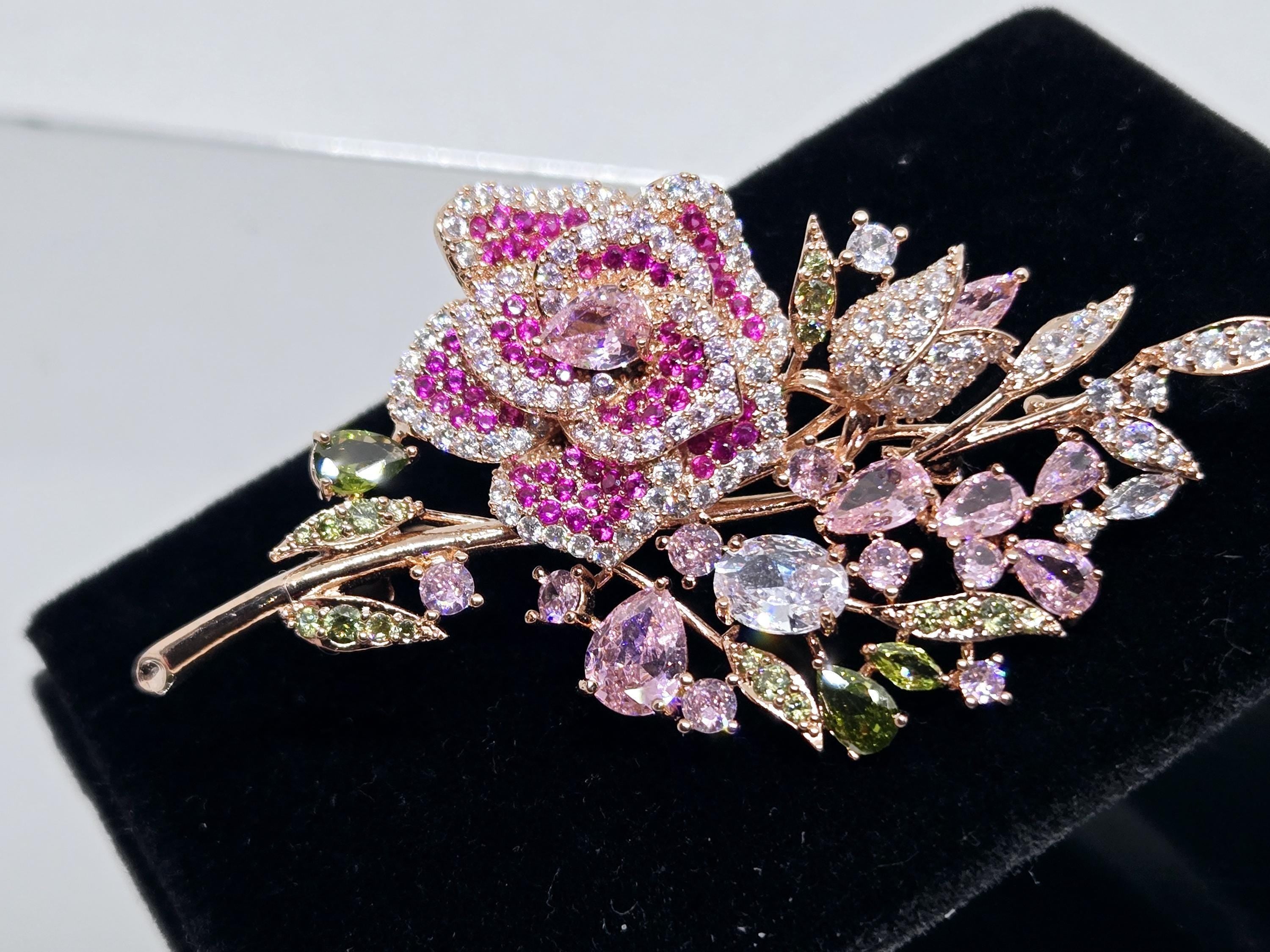 Floral Brooch Pin: Rose Gold Tone with Sparkling Rhinestones - Lightweight