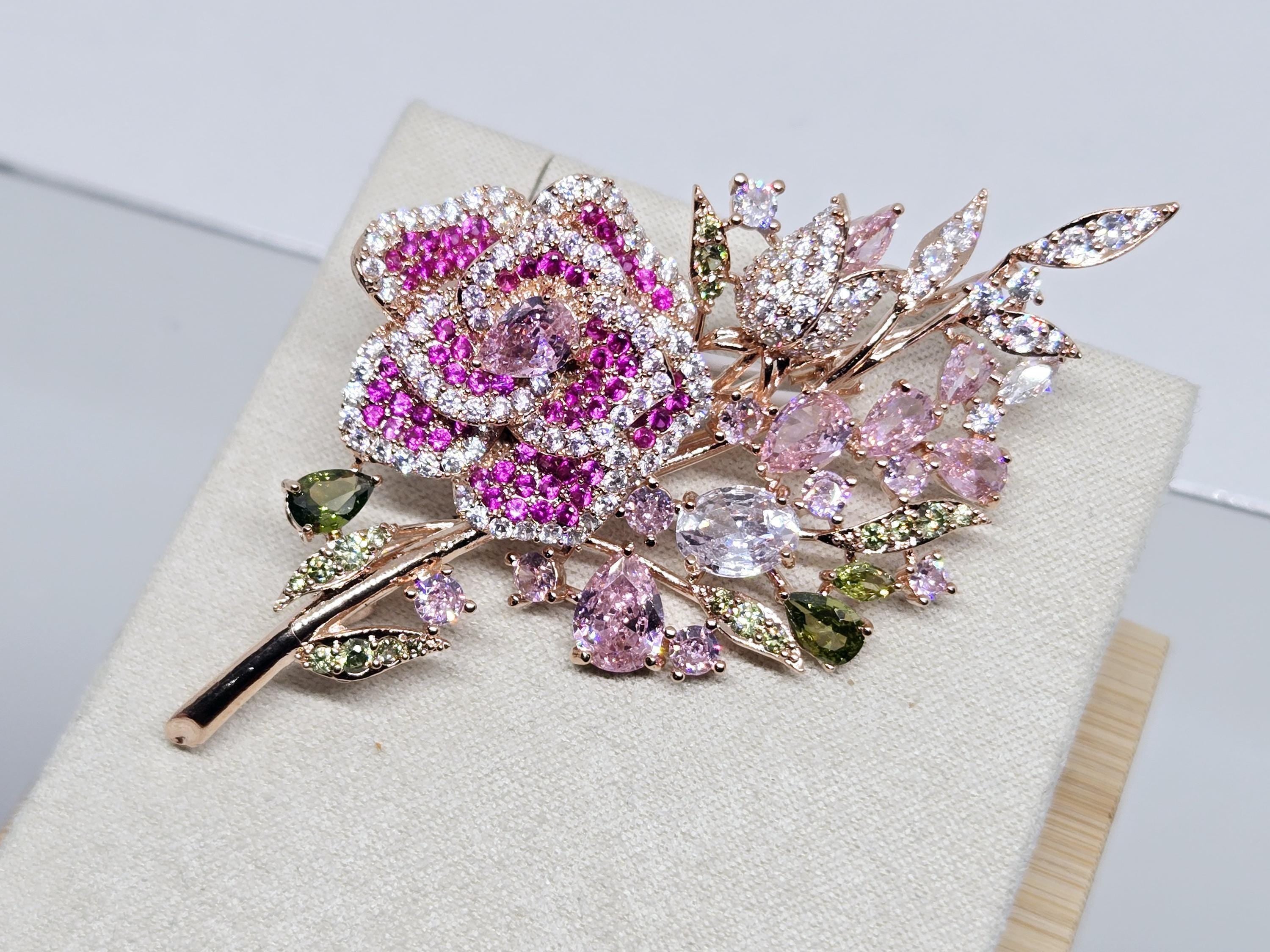 Floral Brooch Pin: Rose Gold Tone with Sparkling Rhinestones - Lightweight