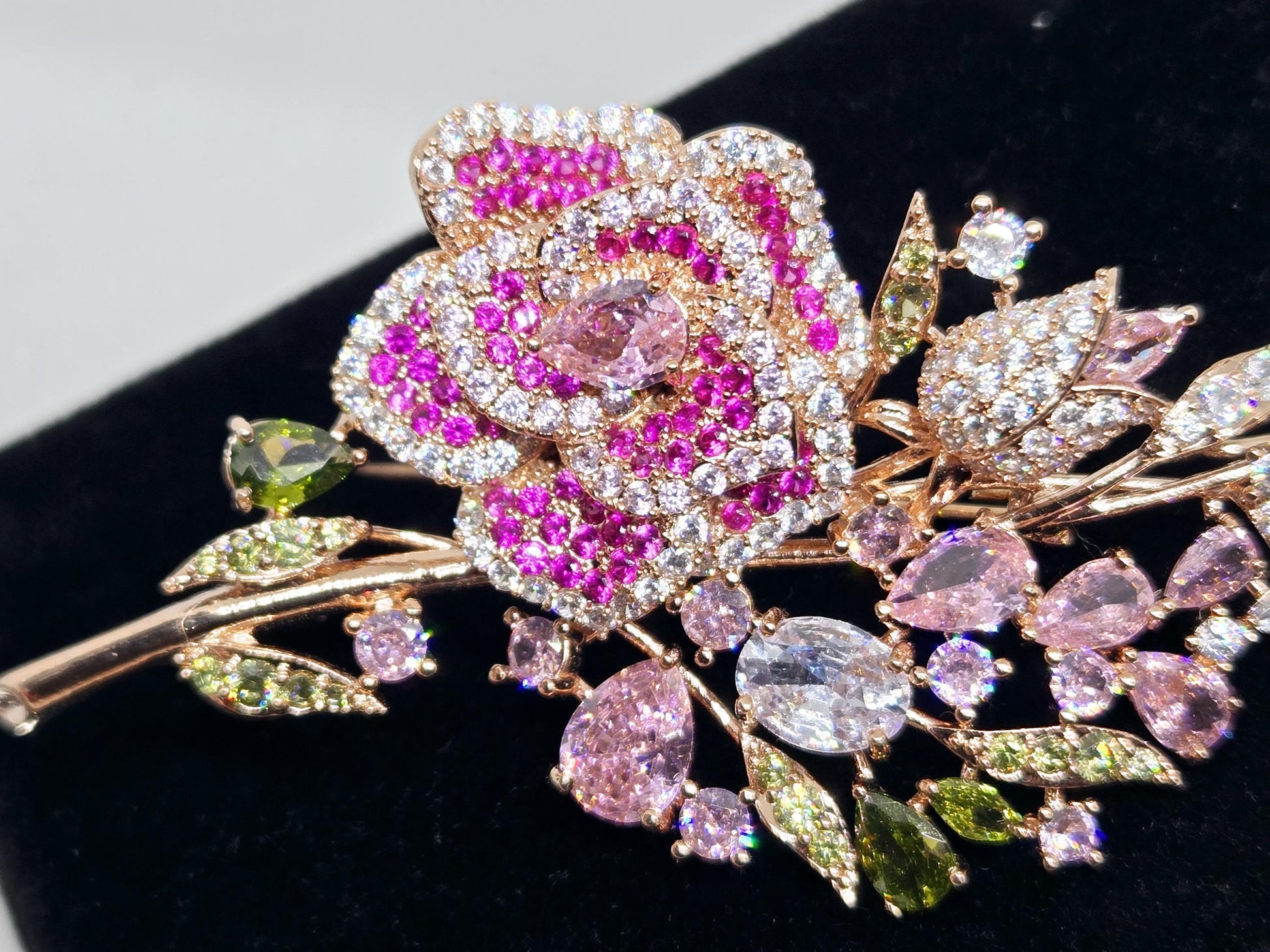 Floral Brooch Pin: Rose Gold Tone with Sparkling Rhinestones - Lightweight