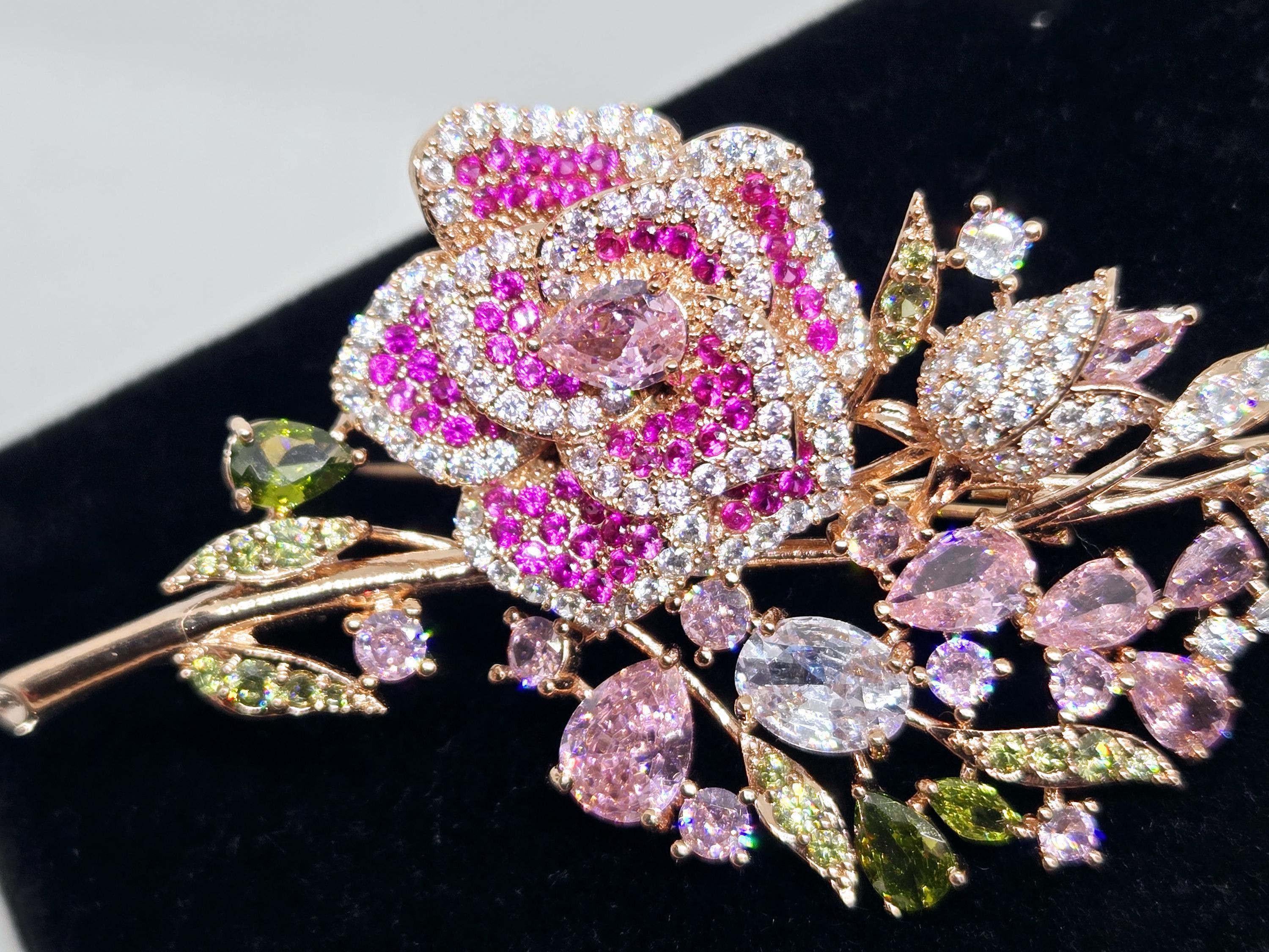 Floral Brooch Pin: Rose Gold Tone with Sparkling Rhinestones - Lightweight