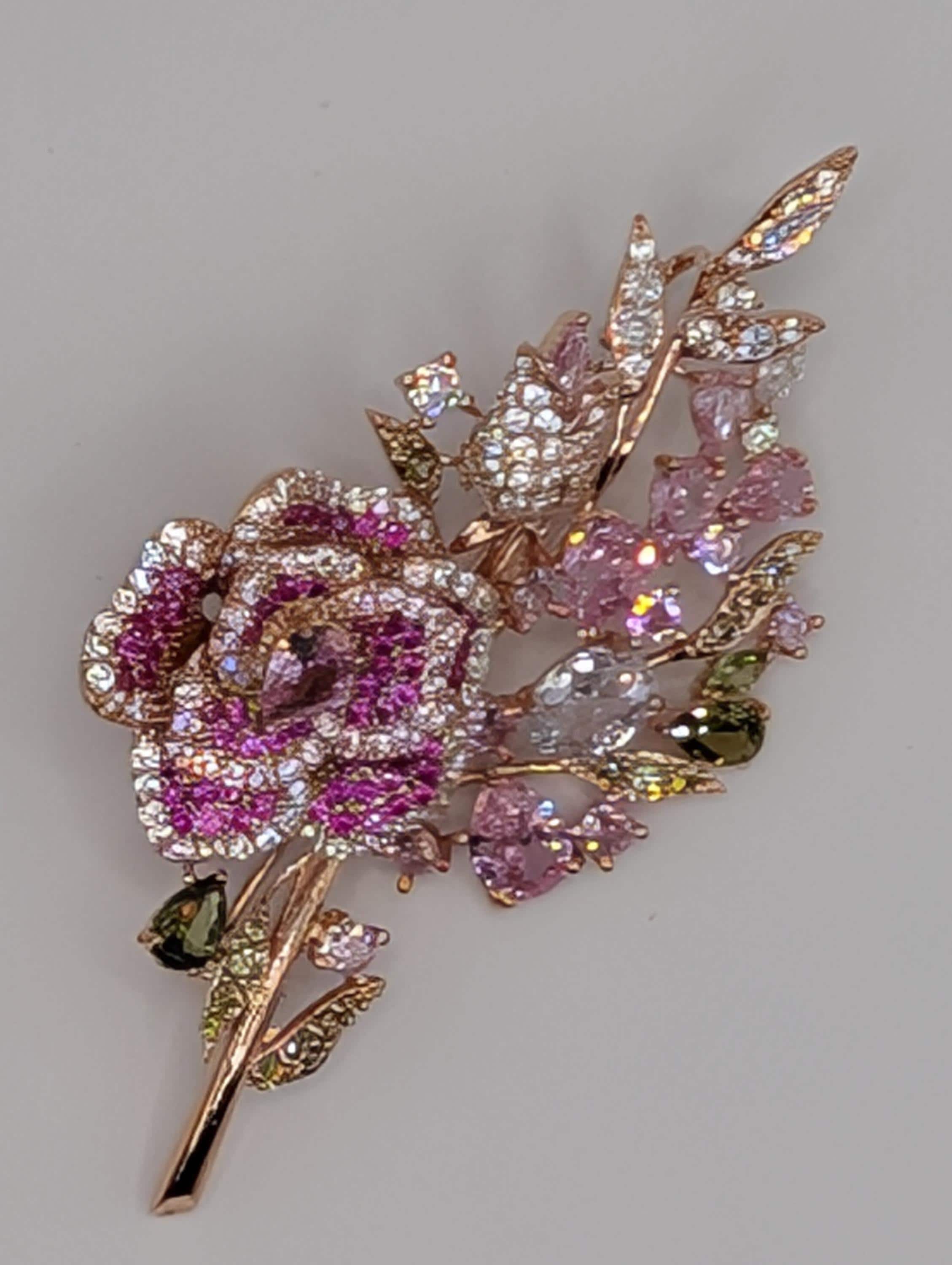 Floral Brooch Pin: Rose Gold Tone with Sparkling Rhinestones - Lightweight