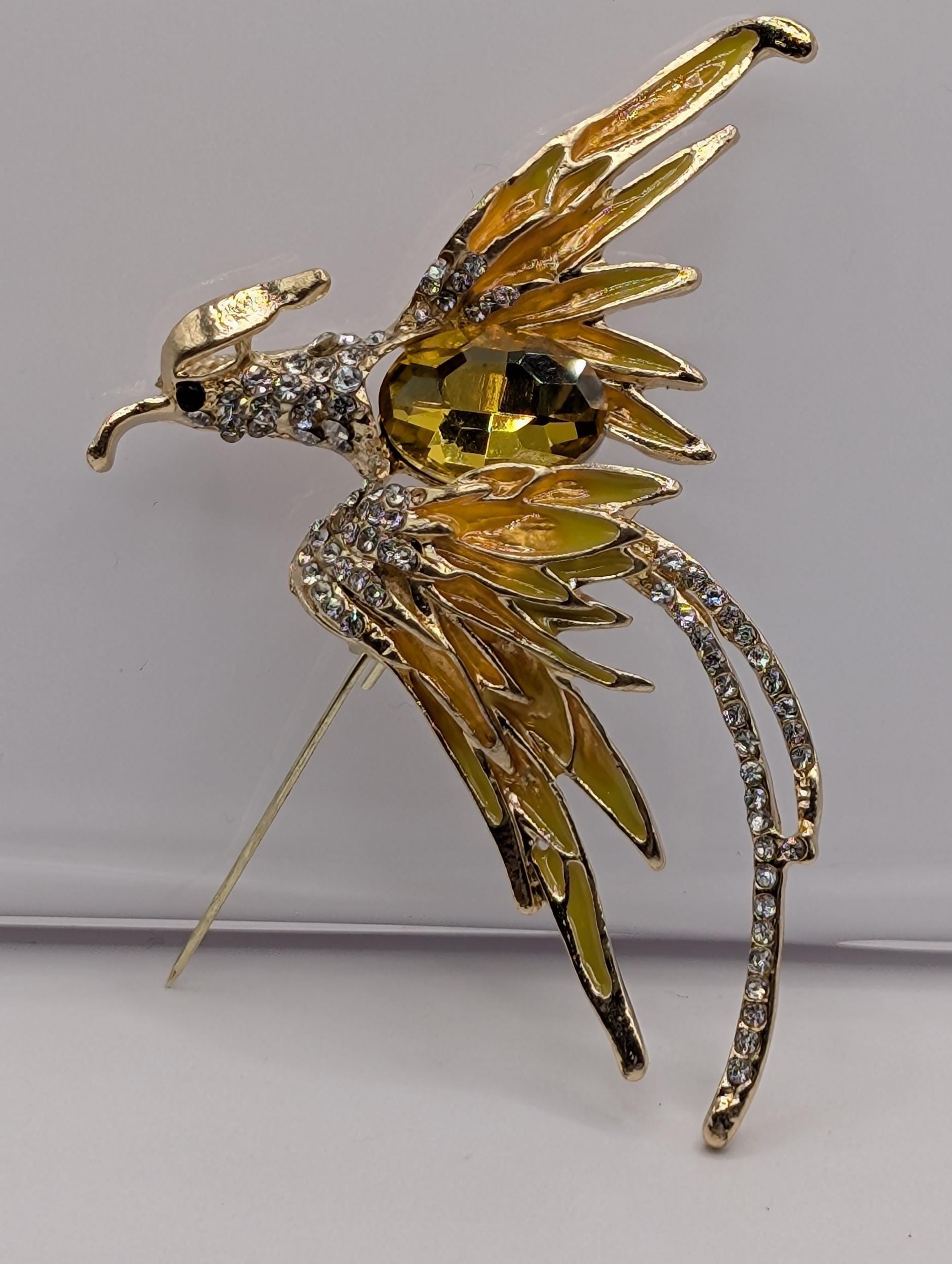 Phoenix Brooch: Gold Plated with Rhinestones - Statement Pin