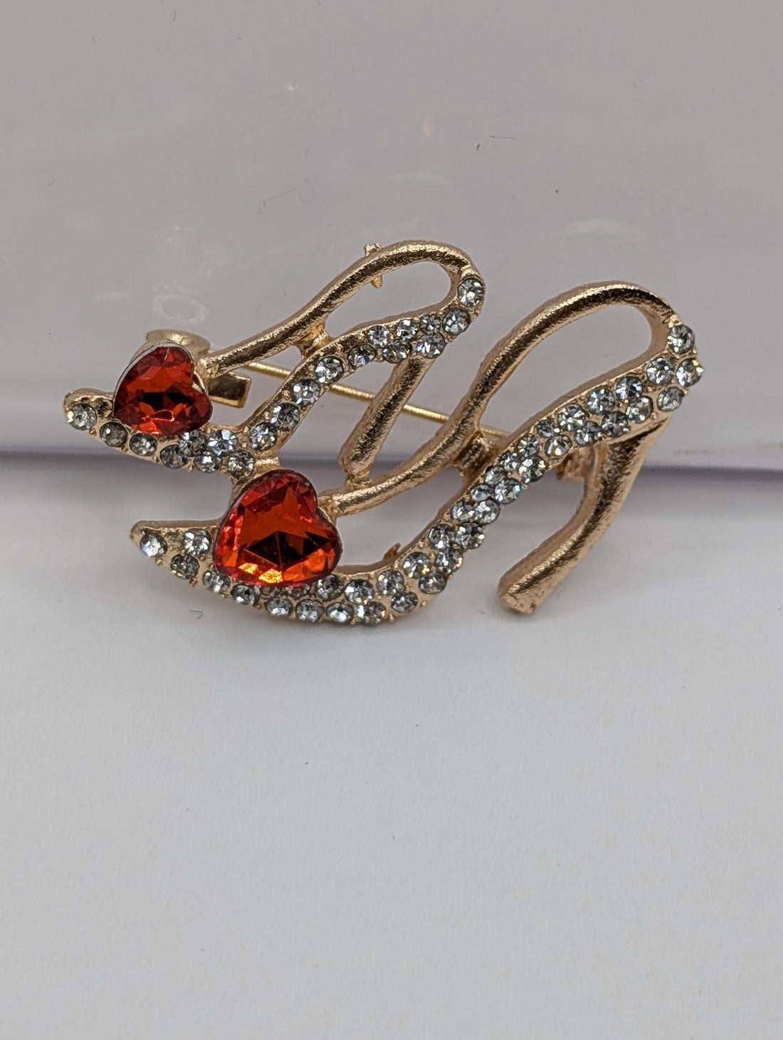 Gold Plated High Heel Brooch: Ruby Rhinestone Accent