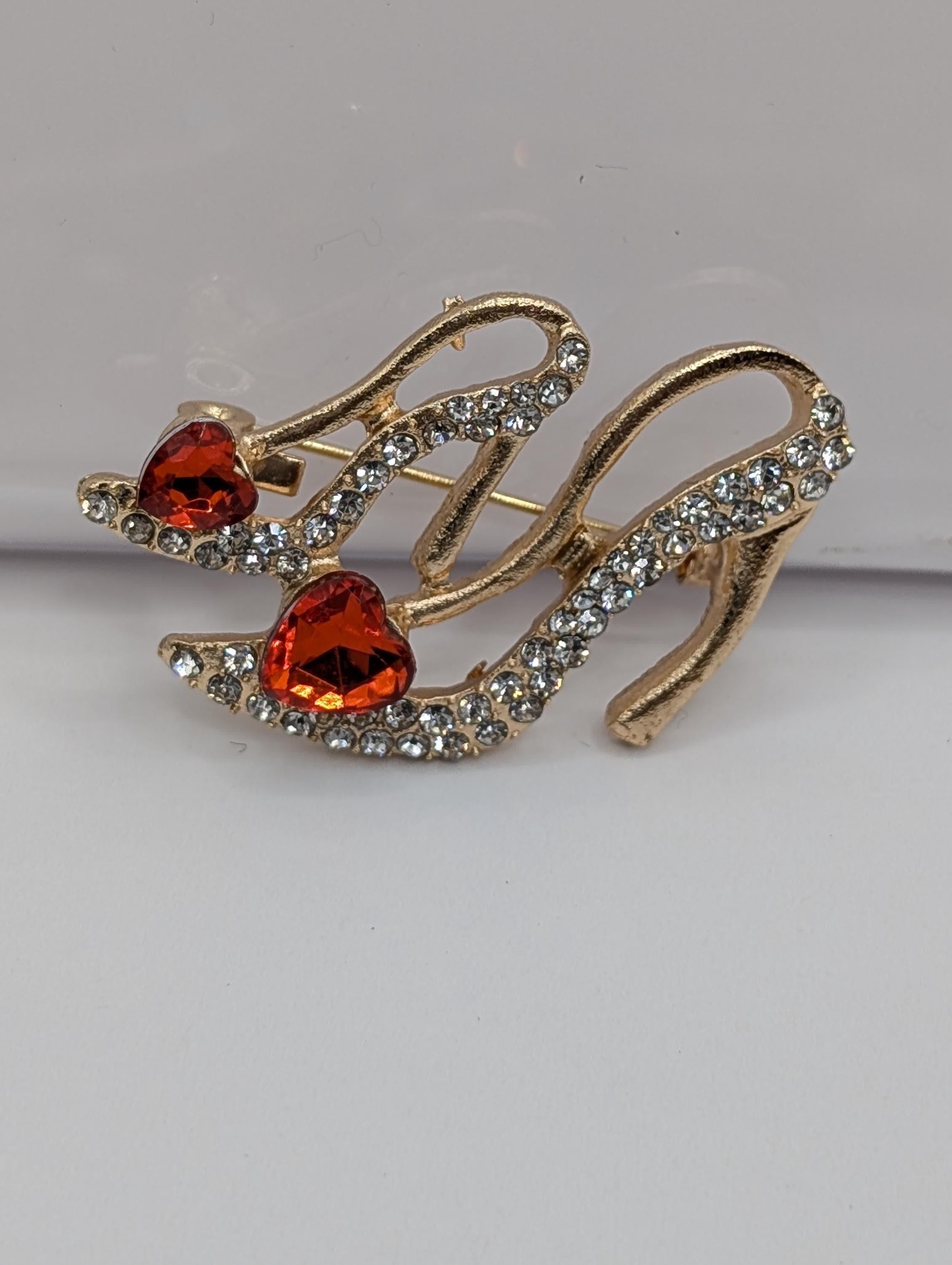 Gold Plated High Heel Brooch: Ruby Rhinestone Accent
