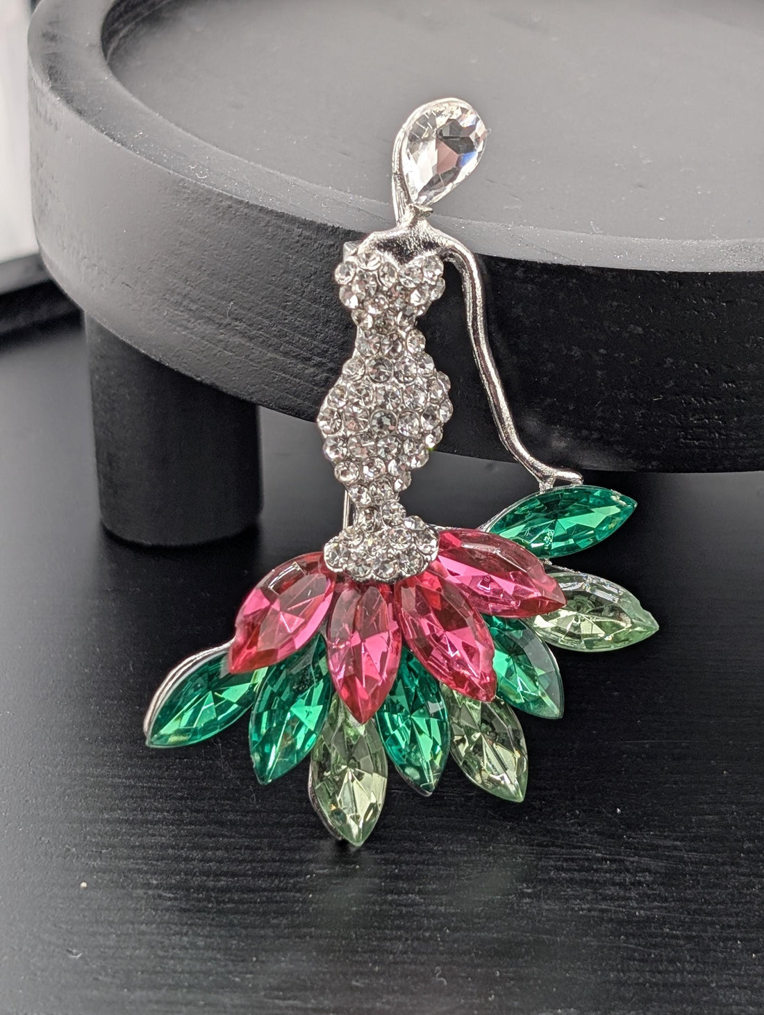 Vintage Lady Brooch Pin - Silver Tone with Pink and Green Rhinestones