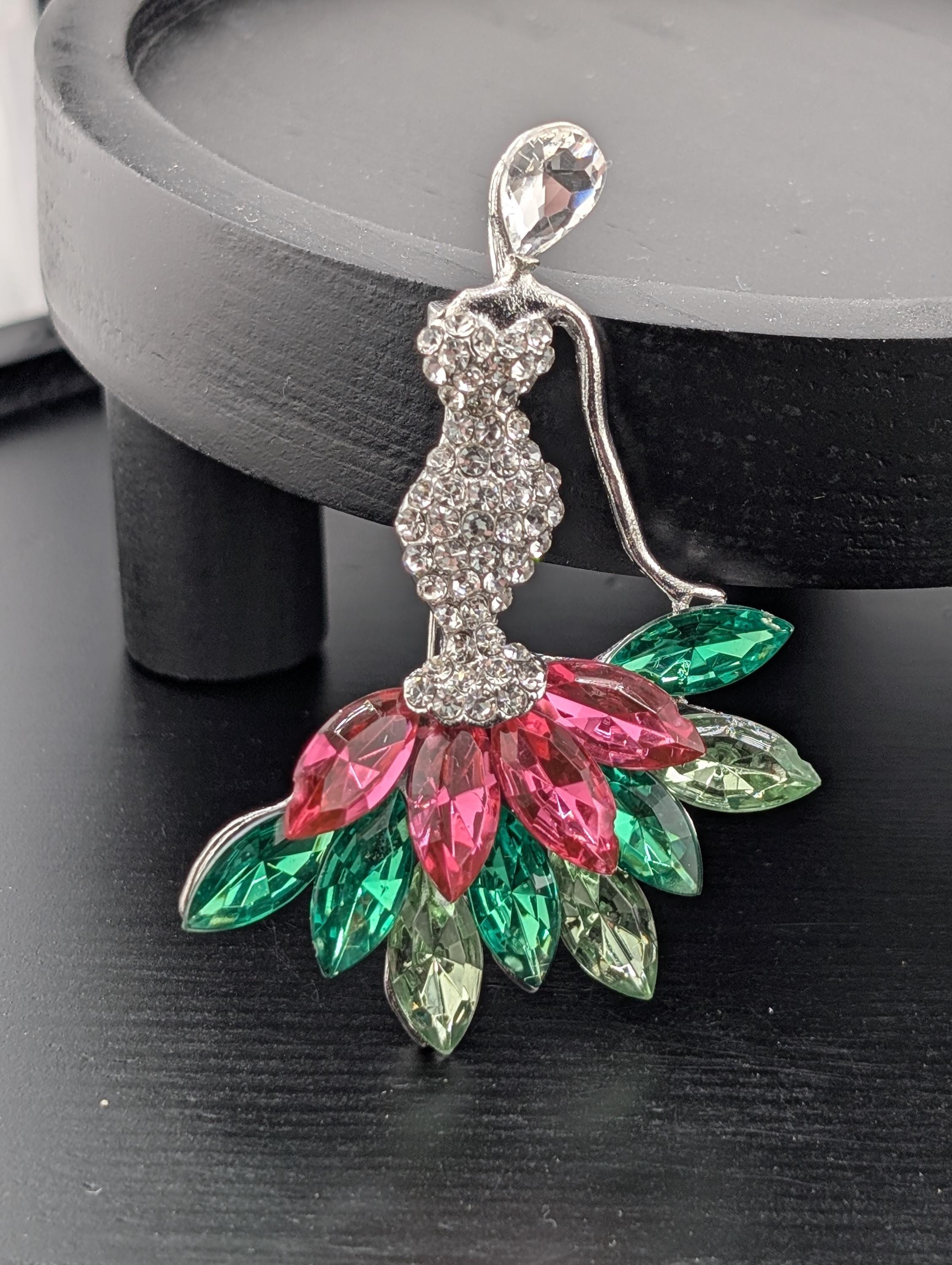 Vintage Lady Brooch Pin - Silver Tone with Pink and Green Rhinestones