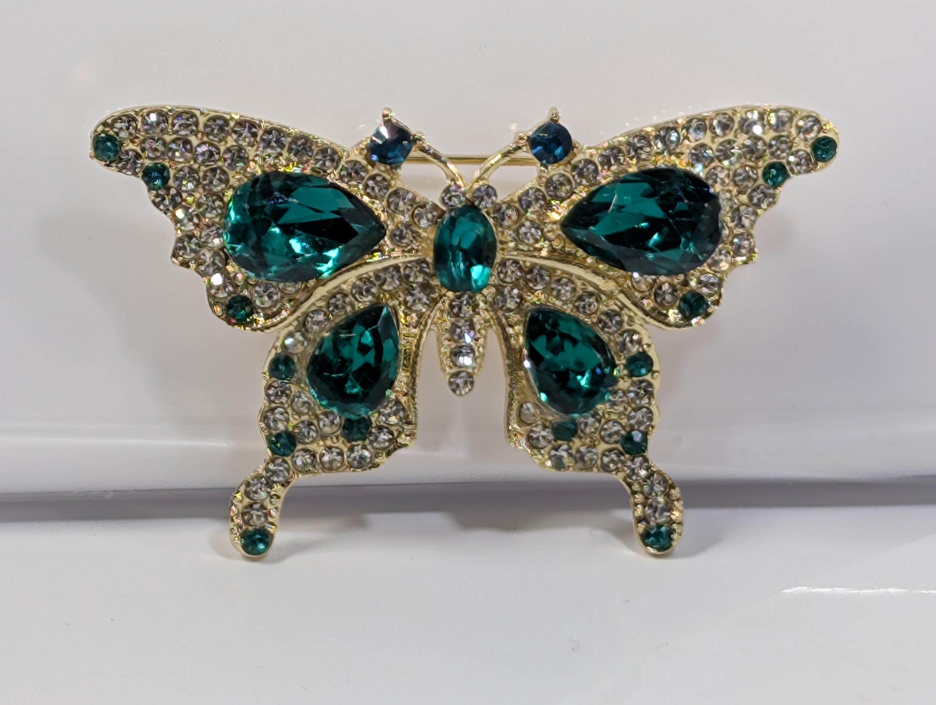 Butterfly Brooch: Gold Plated with Emerald Rhinestones - Lightweight Pin