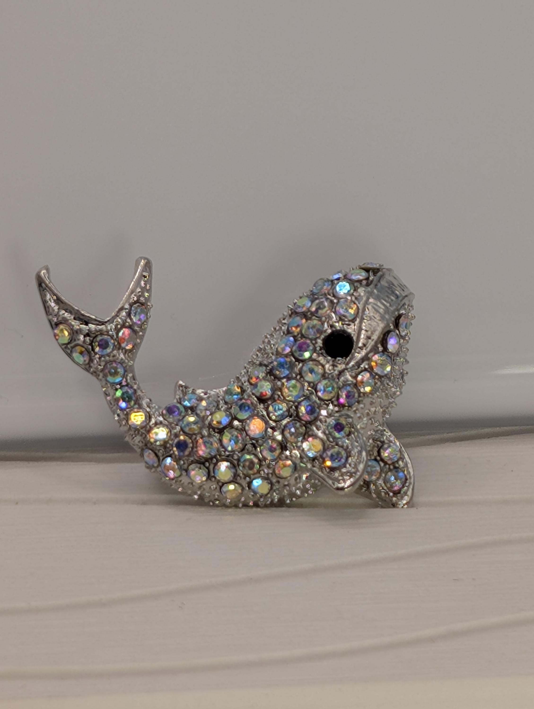 Silver Whale Brooch: CZ Crystal Detail, Wear as Pin or Charm