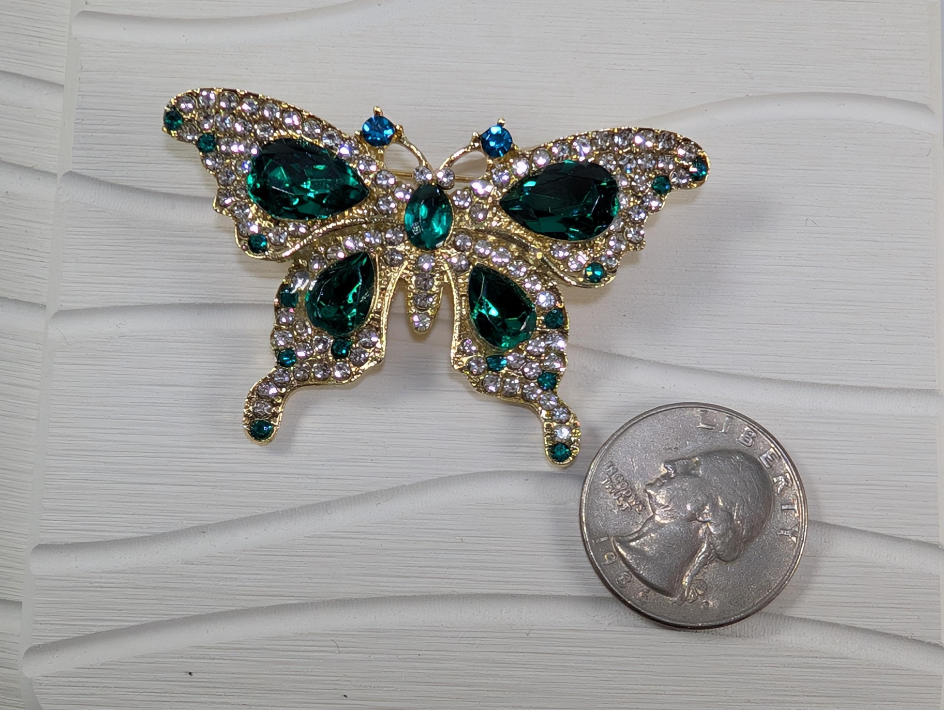 Butterfly Brooch: Gold Plated with Emerald Rhinestones - Lightweight Pin