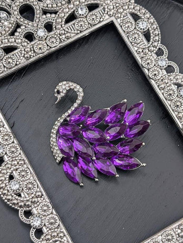 Swan Brooch, Silver Plated with Purple Gem (Compact Lapel Pin)