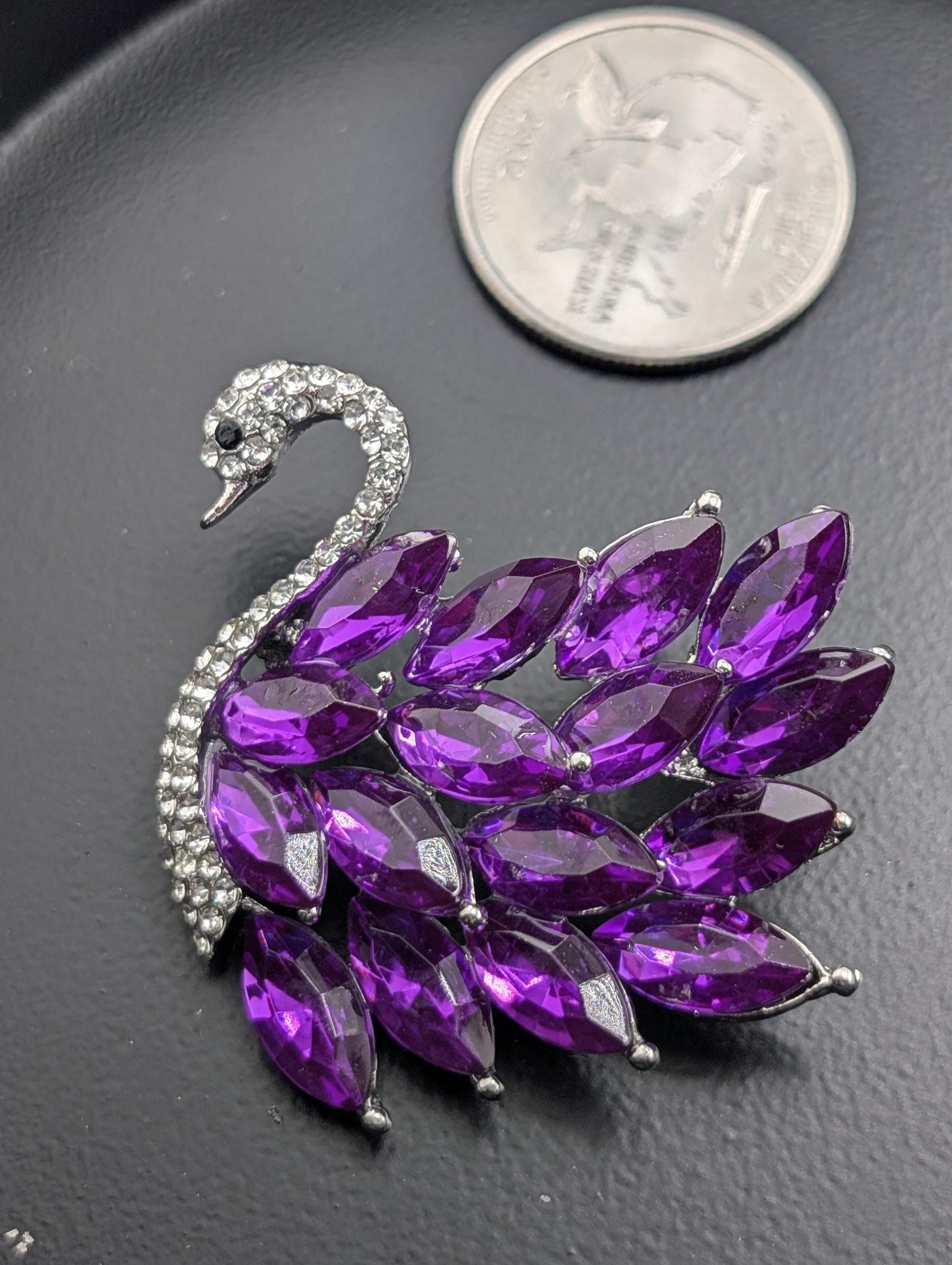 Swan Brooch, Silver Plated with Purple Gem (Compact Lapel Pin)