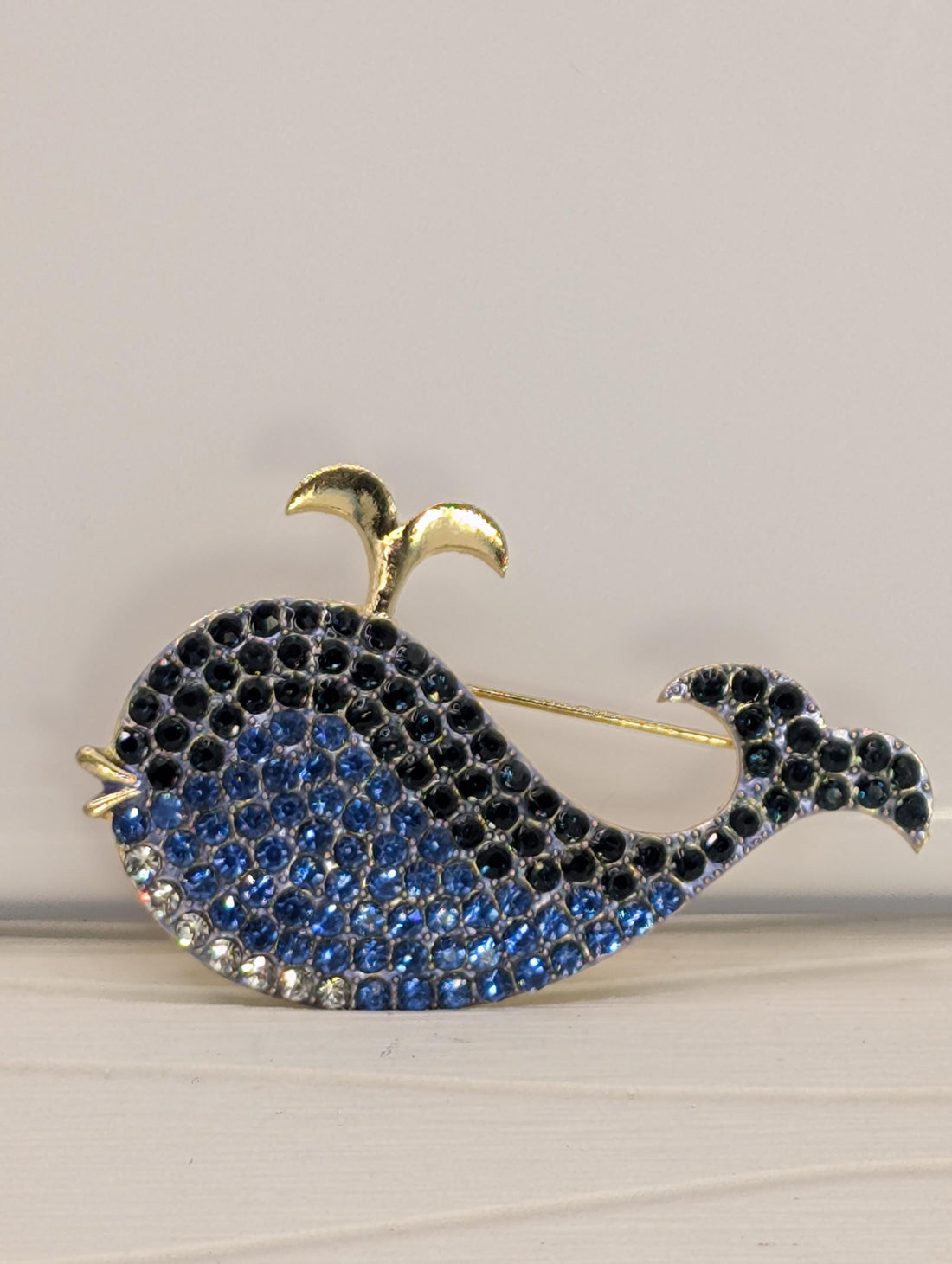 Blue Rhinestone Whale Brooch: Gold Plated Coastal Pin