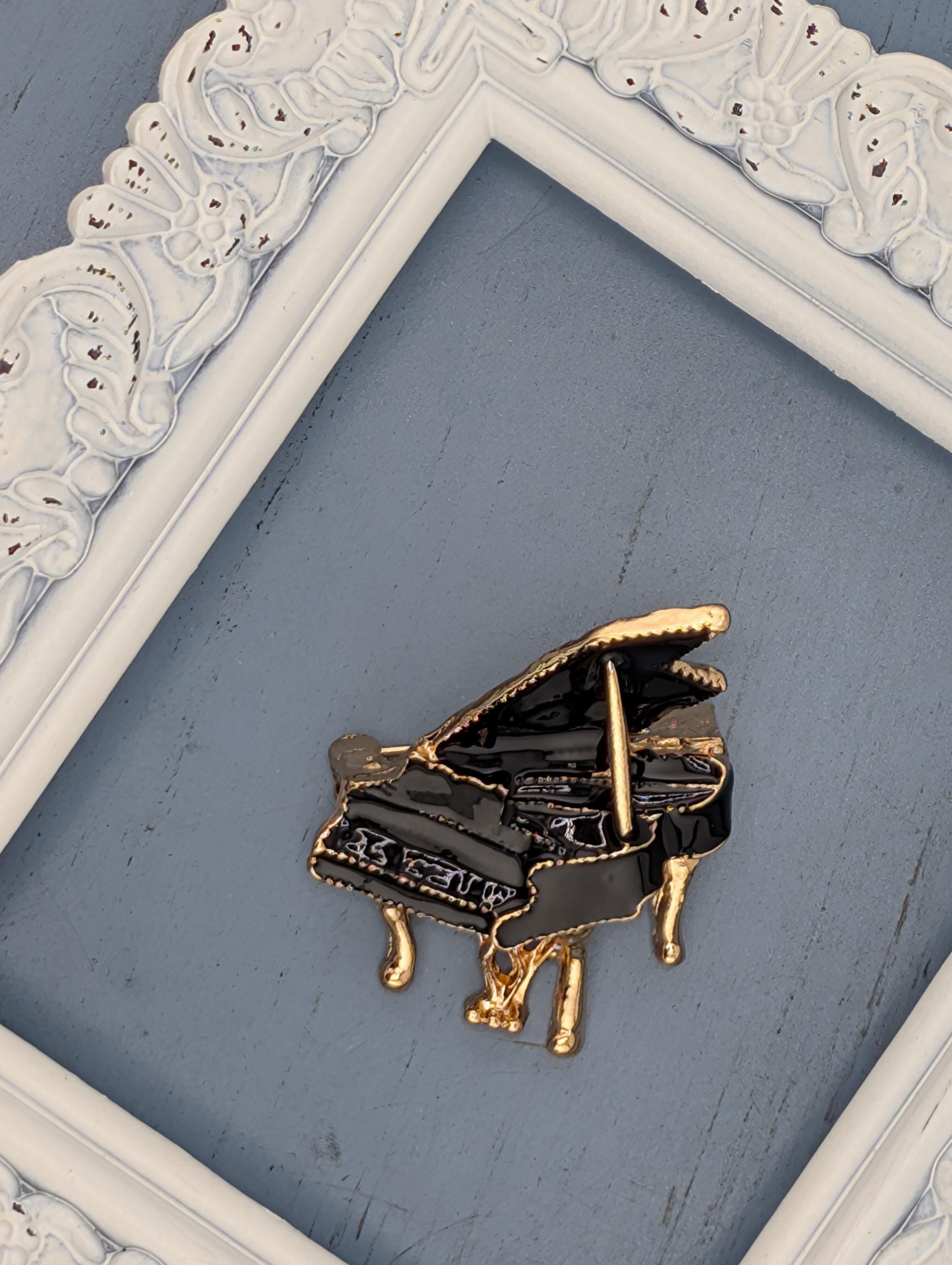 Gold Piano Brooch: Rhinestone Accent, Music Lover Pin