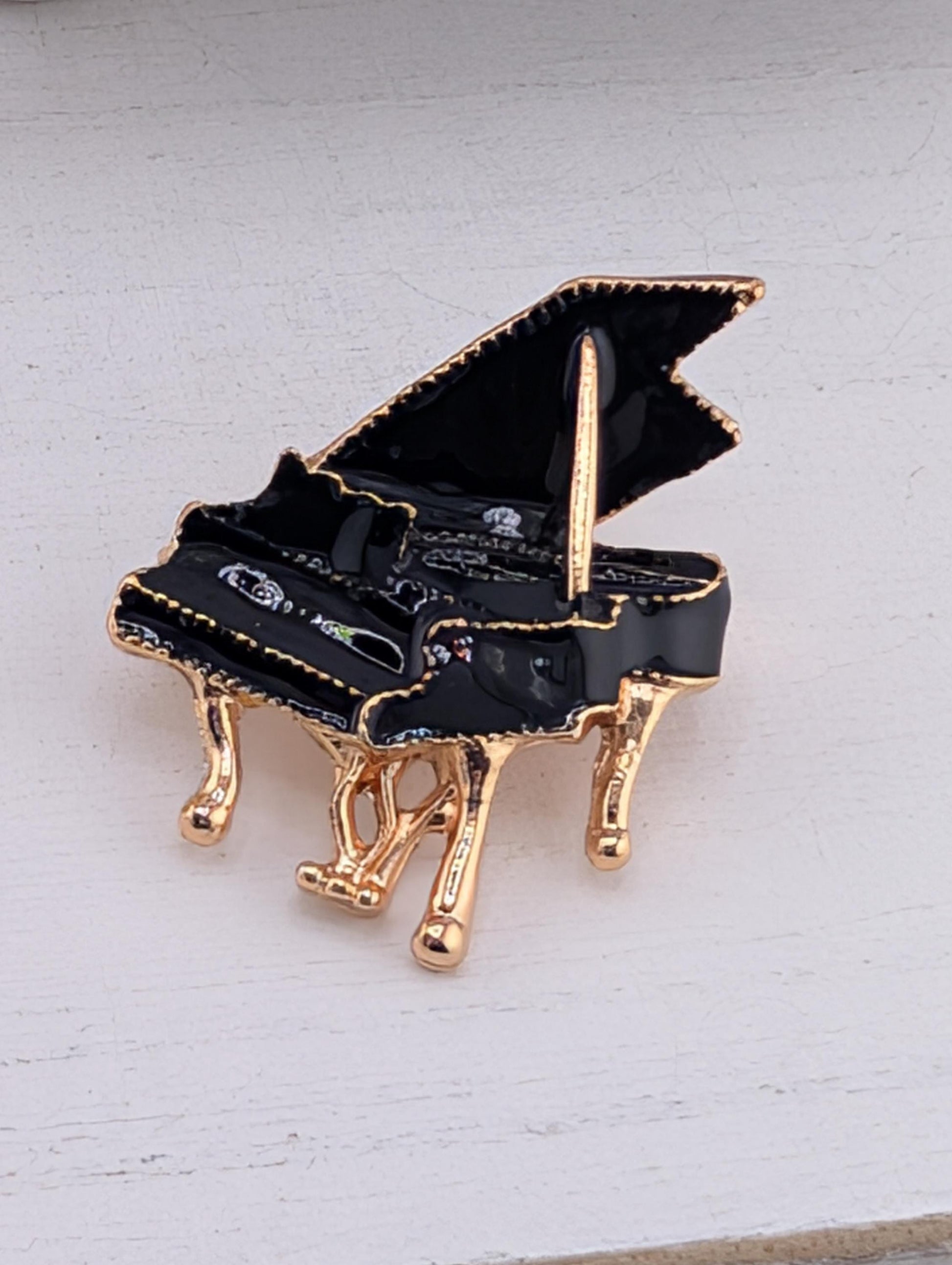 Gold Piano Brooch: Rhinestone Accent, Music Lover Pin