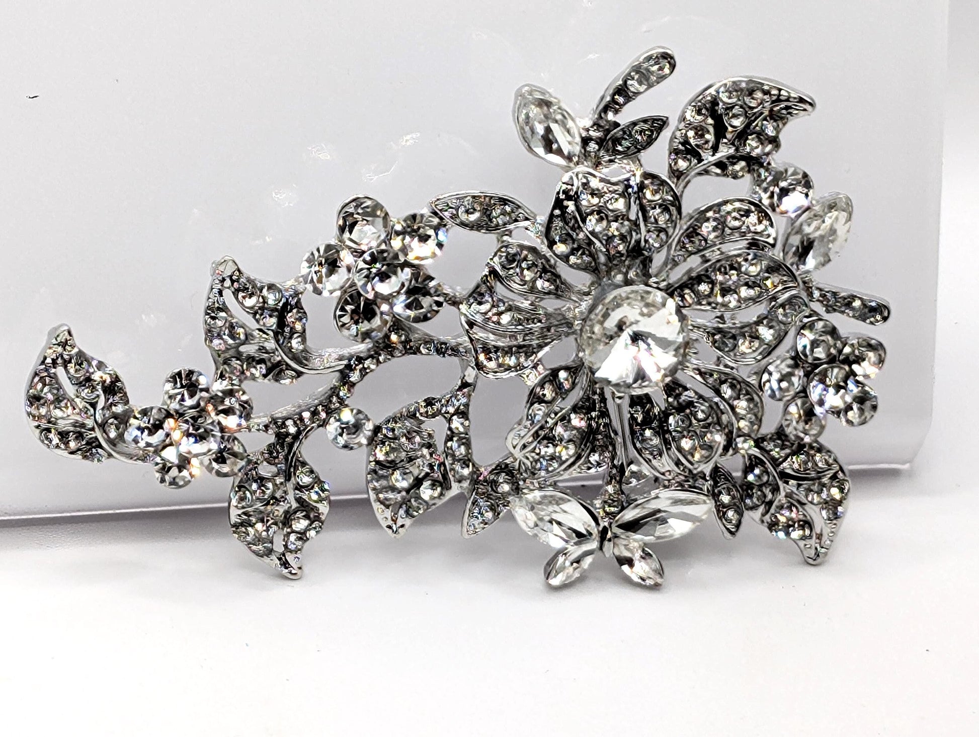 Floral Brooch Pin: Silver Plated, Nature Inspired - CZ Rhinestones