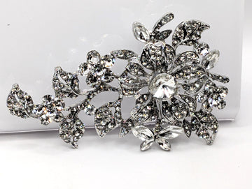 Floral Brooch Pin: Silver Plated, Nature Inspired - CZ Rhinestones