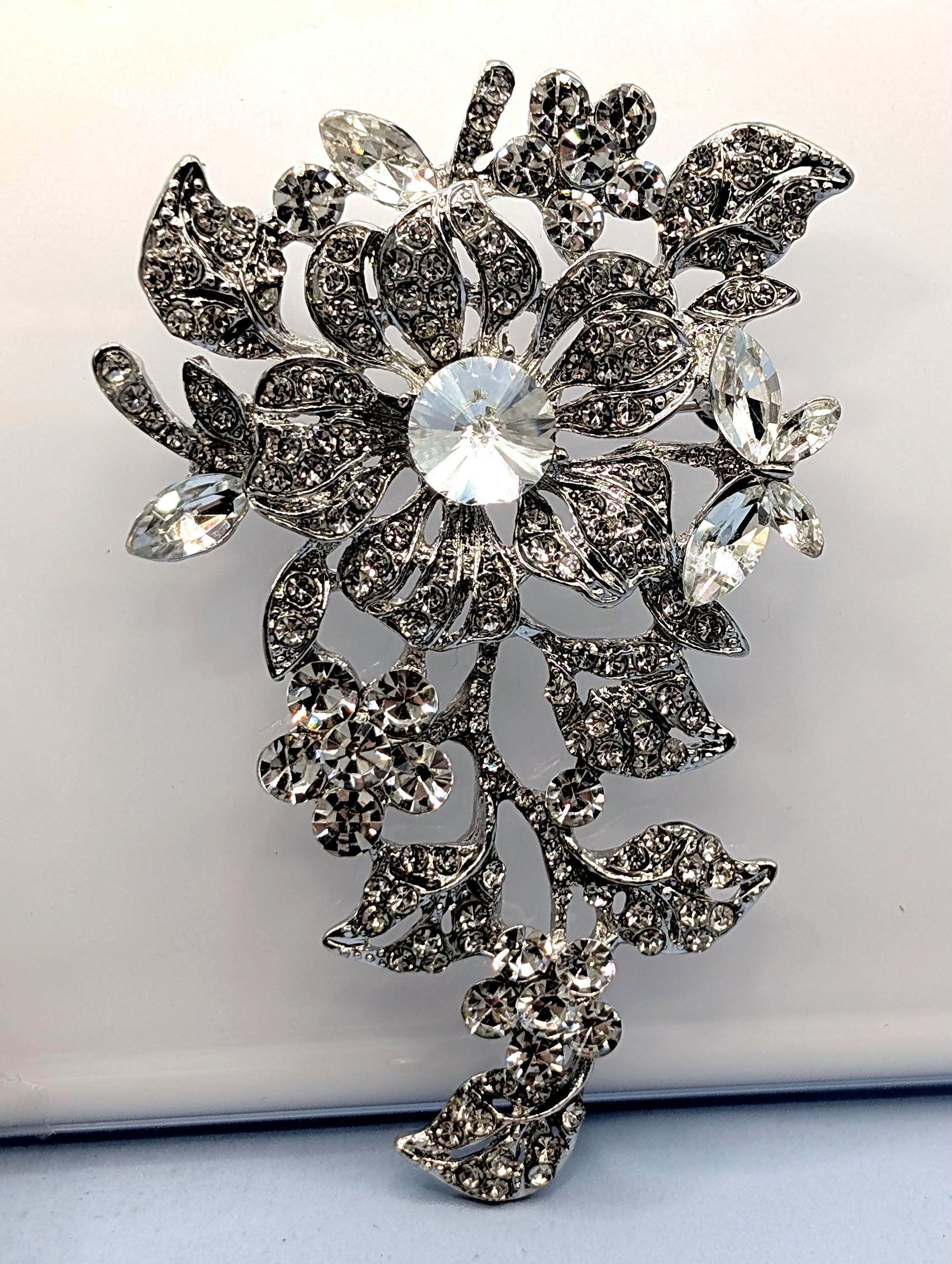 Floral Brooch Pin: Silver Plated, Nature Inspired - CZ Rhinestones