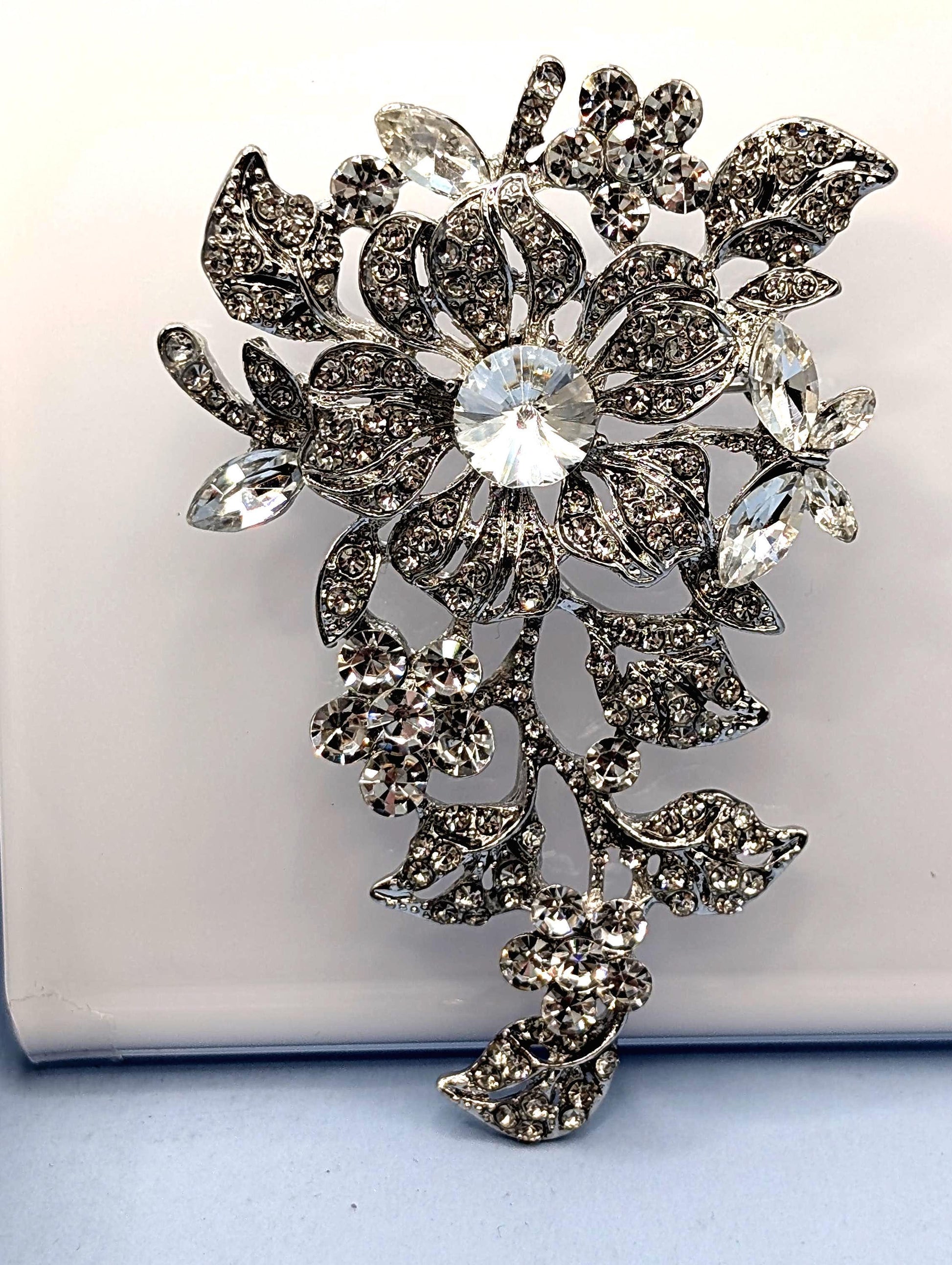Floral Brooch Pin: Silver Plated, Nature Inspired - CZ Rhinestones
