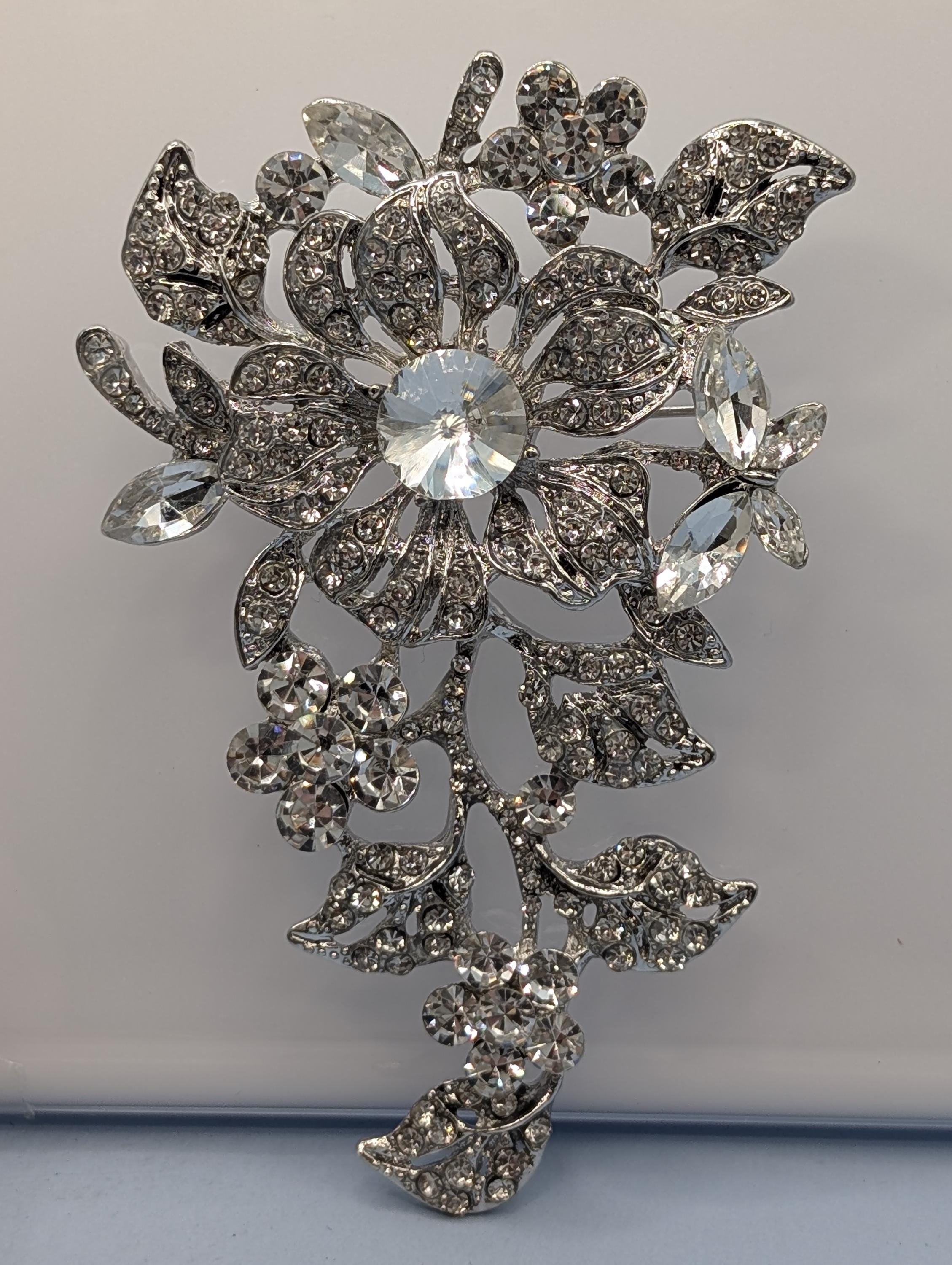 Floral Brooch Pin: Silver Plated, Nature Inspired - CZ Rhinestones