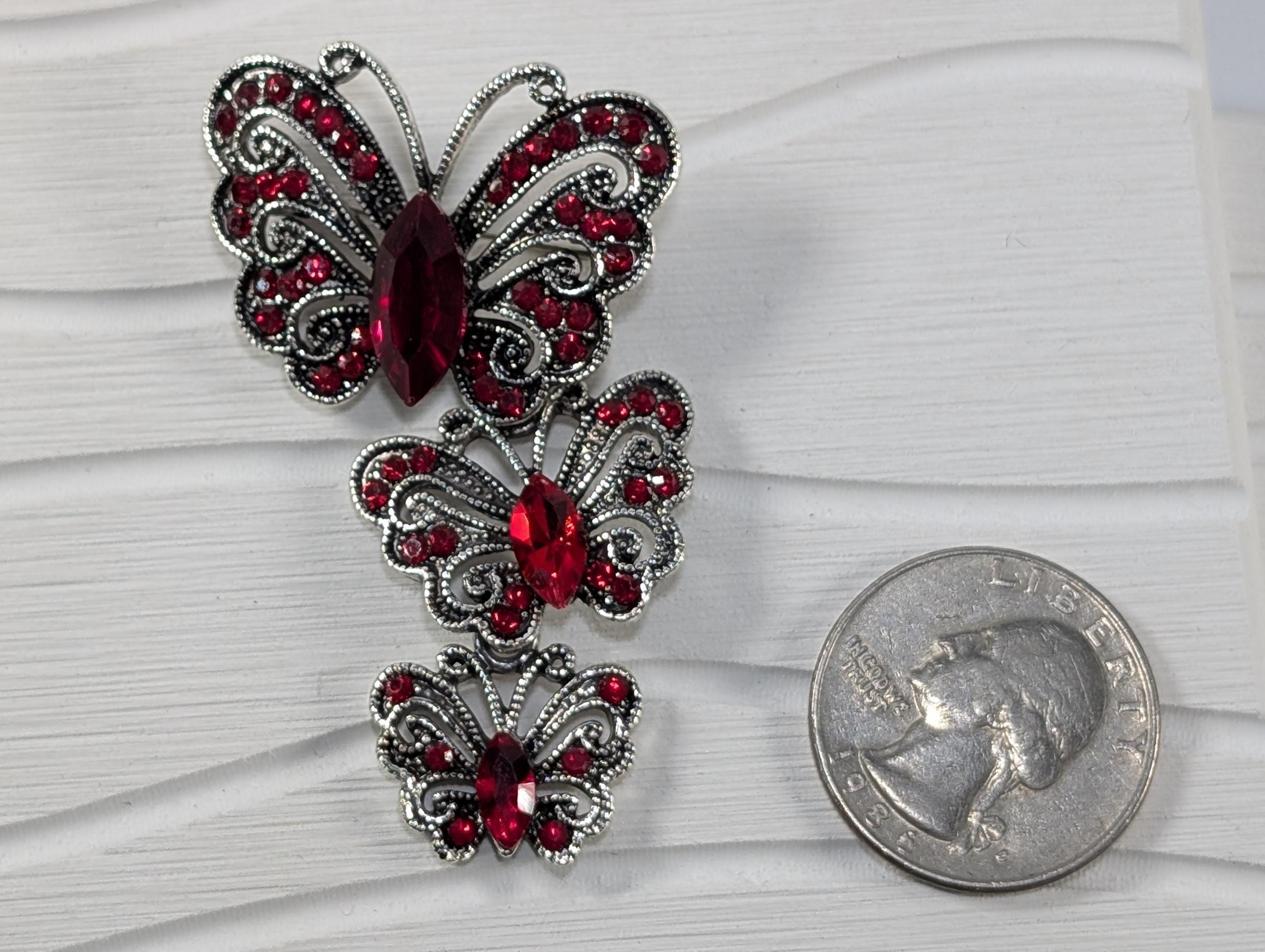 Butterfly Brooch: Silver and Red Sparkle (Enamel Finish)