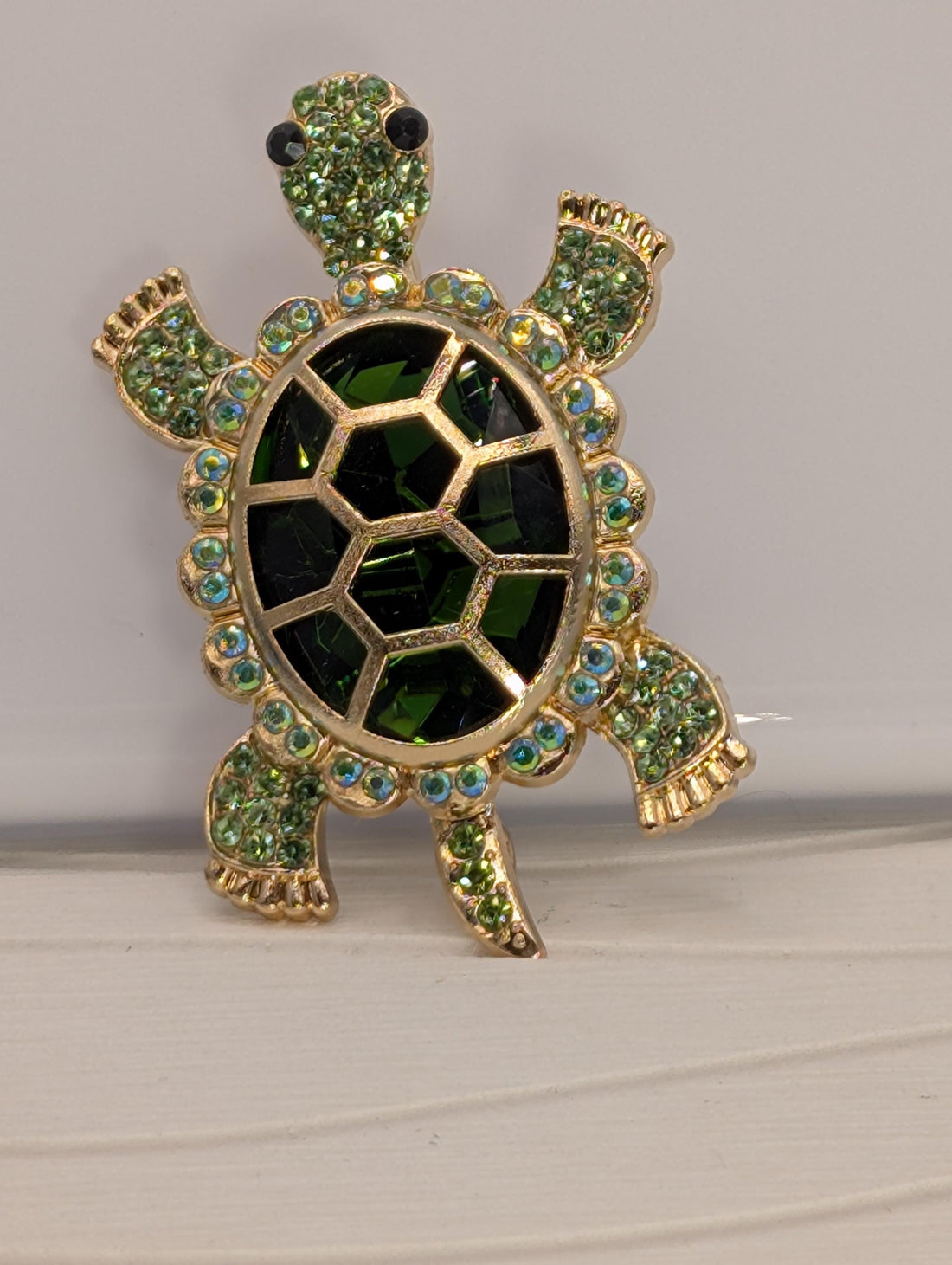 Gold Plated Turtle Pin: Green Enamel with Rhinestone Accent