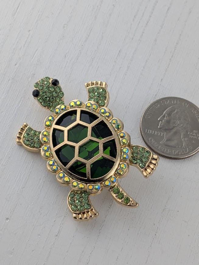 Gold Plated Turtle Pin: Green Enamel with Rhinestone Accent