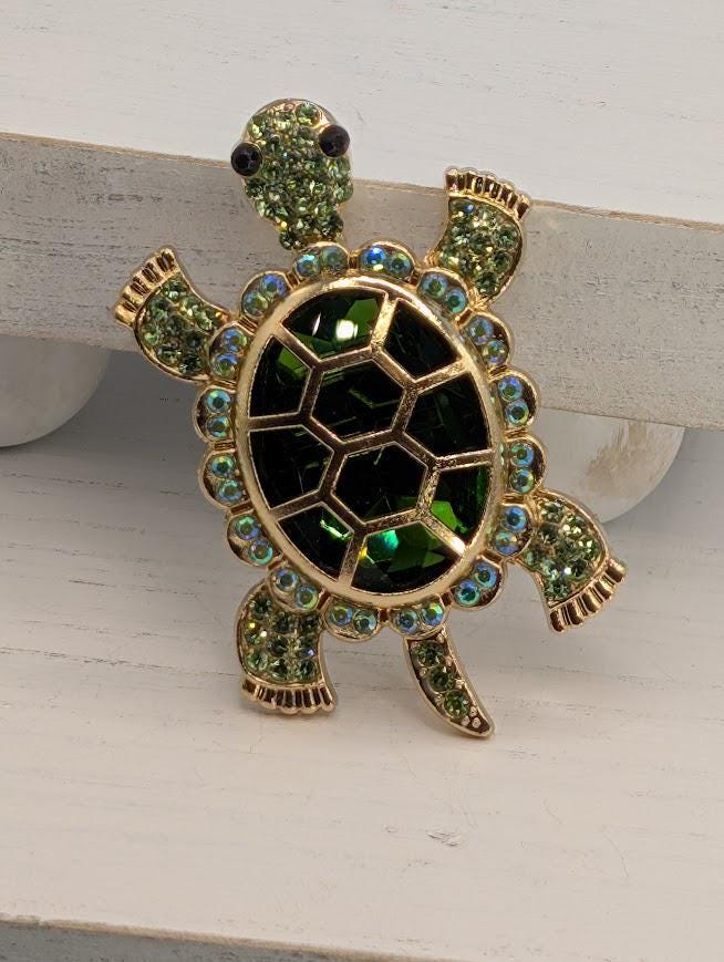 Gold Plated Turtle Pin: Green Enamel with Rhinestone Accent
