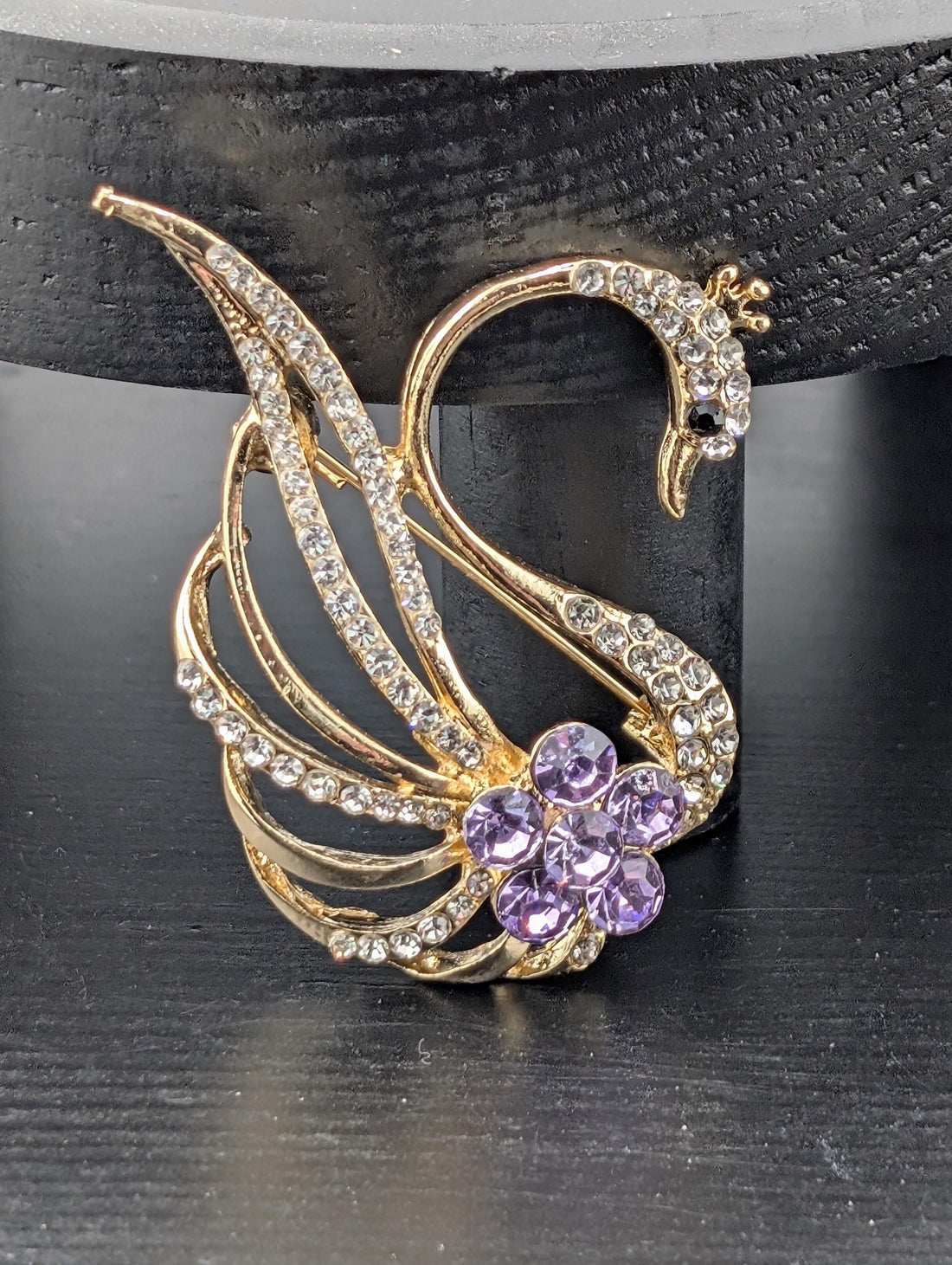 Swan Brooch: Gold Plated, Lavender Gemstones - Rhinestone Pin