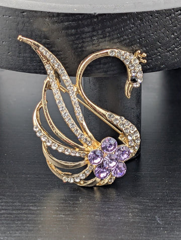 Swan Brooch: Gold Plated, Lavender Gemstones - Rhinestone Pin
