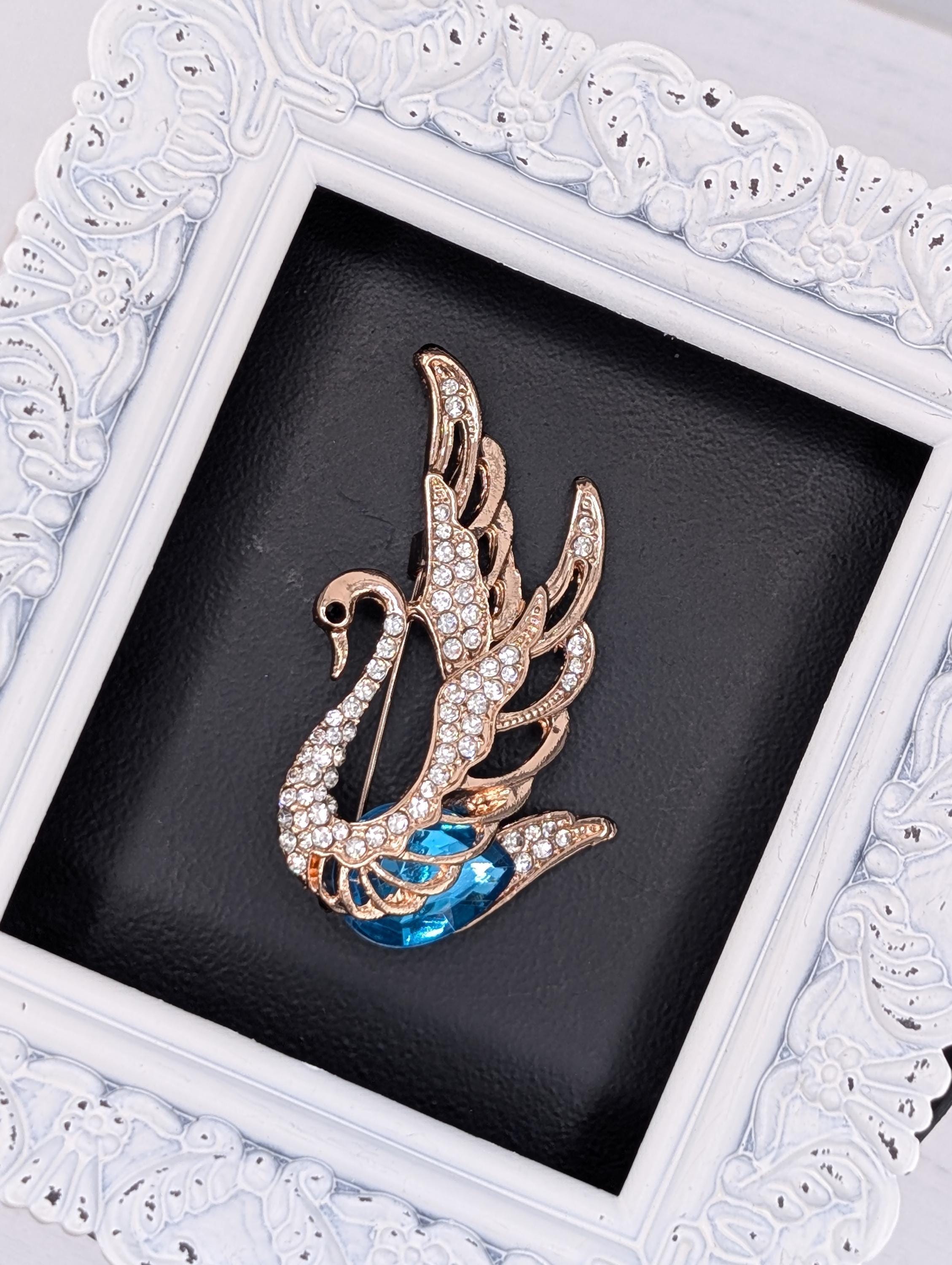 Gold Plated Swan Brooch: Aqua Rhinestones, Delicate Design