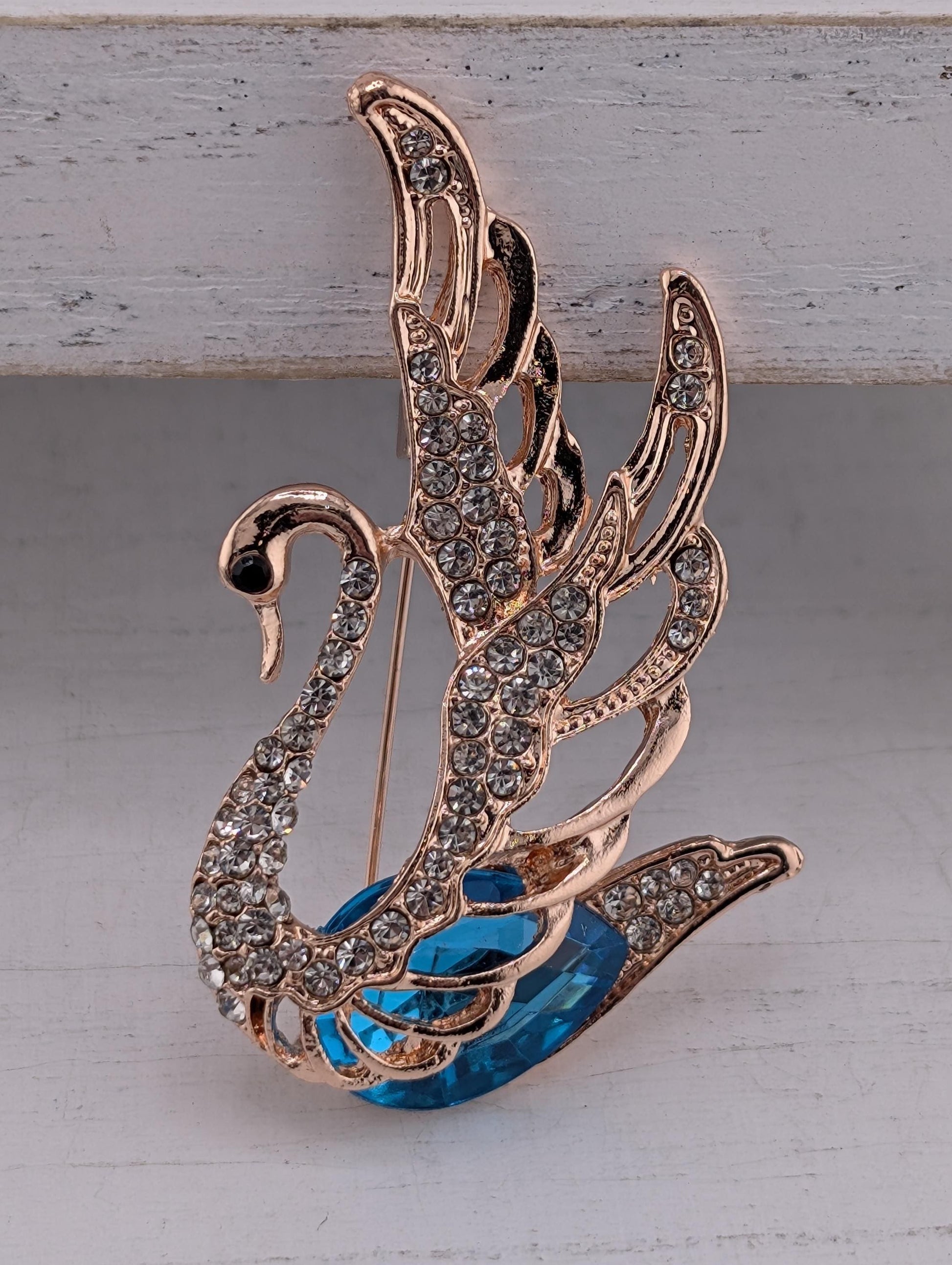 Gold Plated Swan Brooch: Aqua Rhinestones, Delicate Design