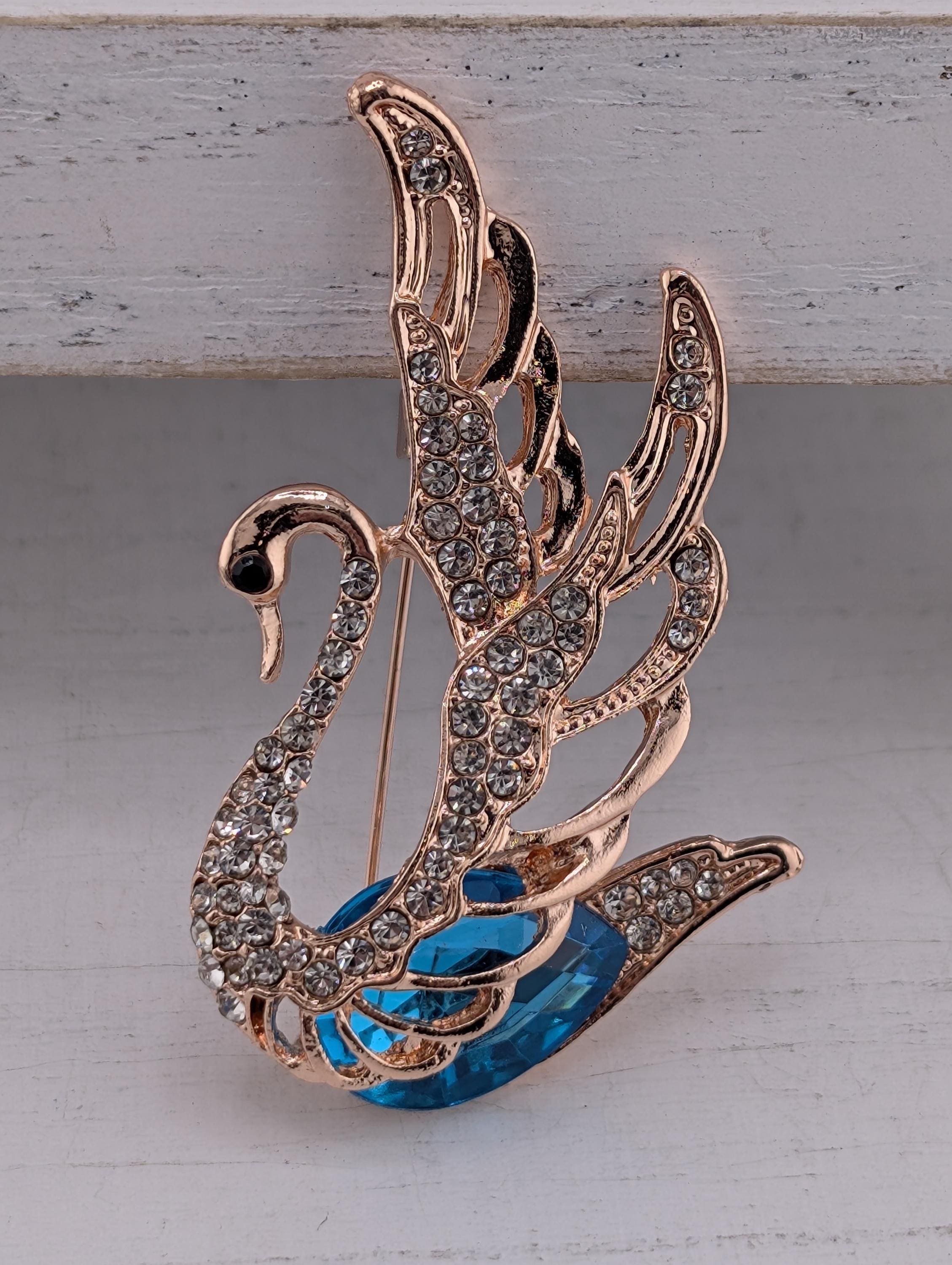 Gold Plated Swan Brooch: Aqua Rhinestones, Delicate Design