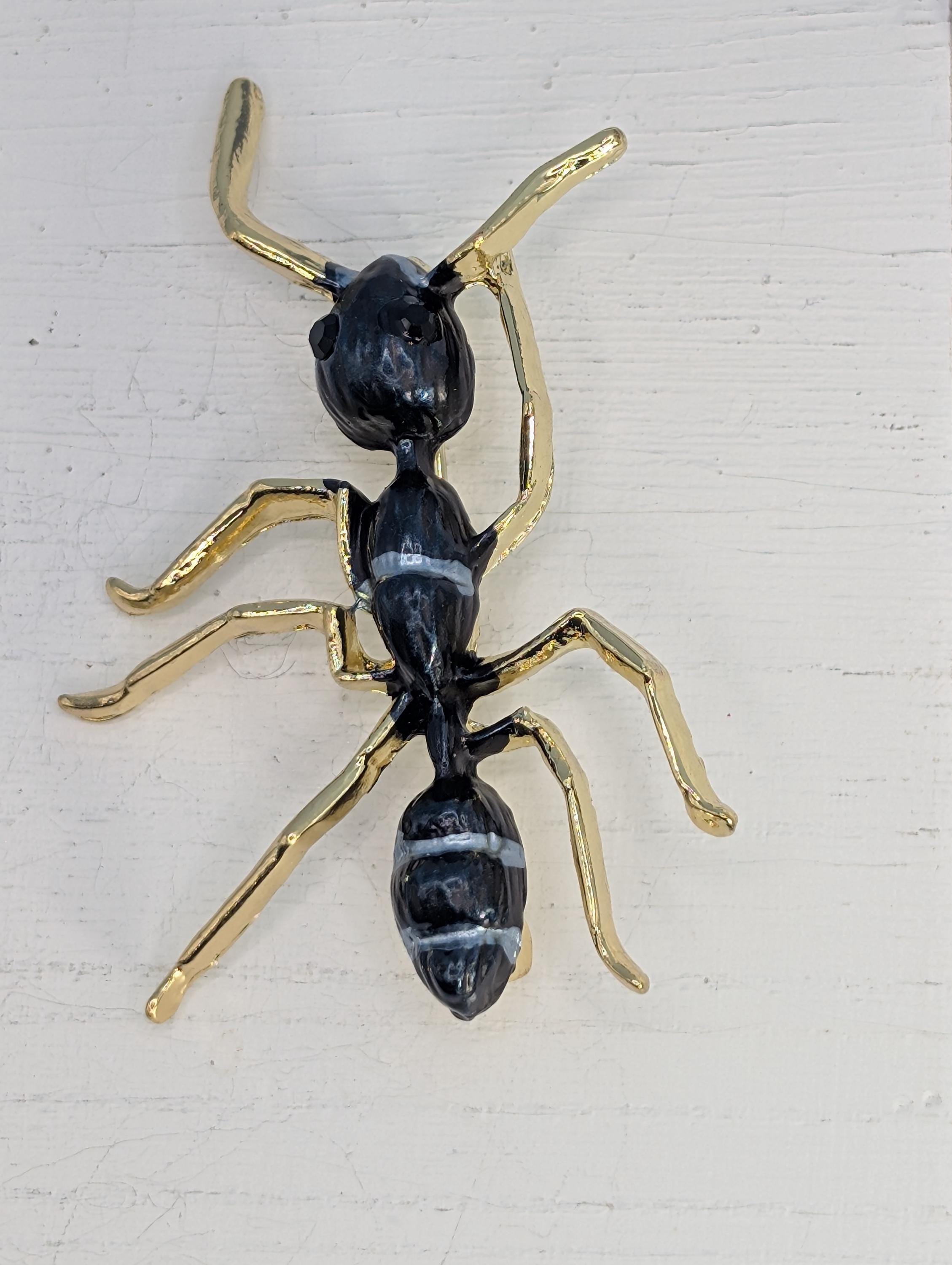Gold Plated Ant Brooch - Black Enamel Pin or Pendant