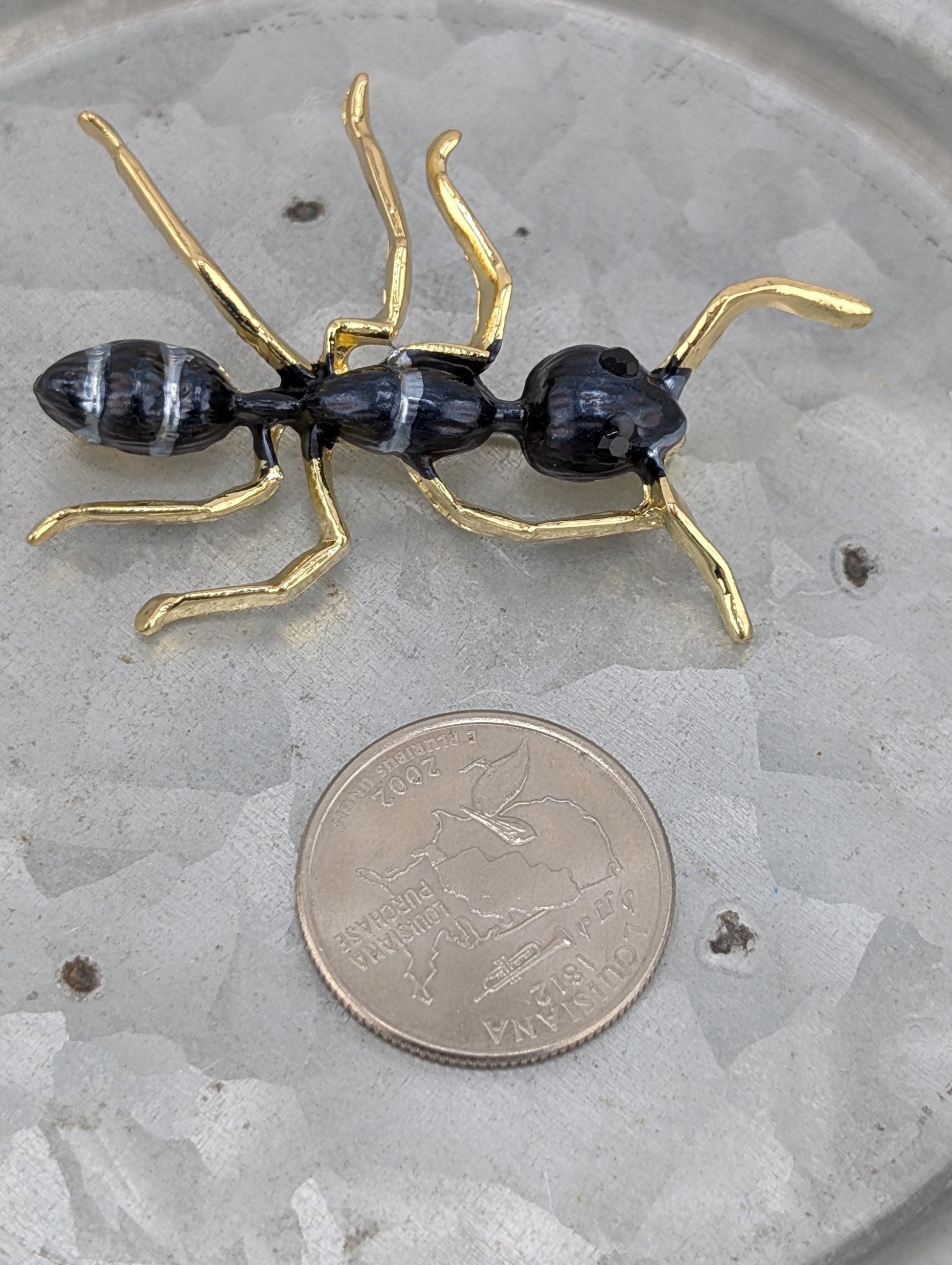 Gold Plated Ant Brooch - Black Enamel Pin or Pendant