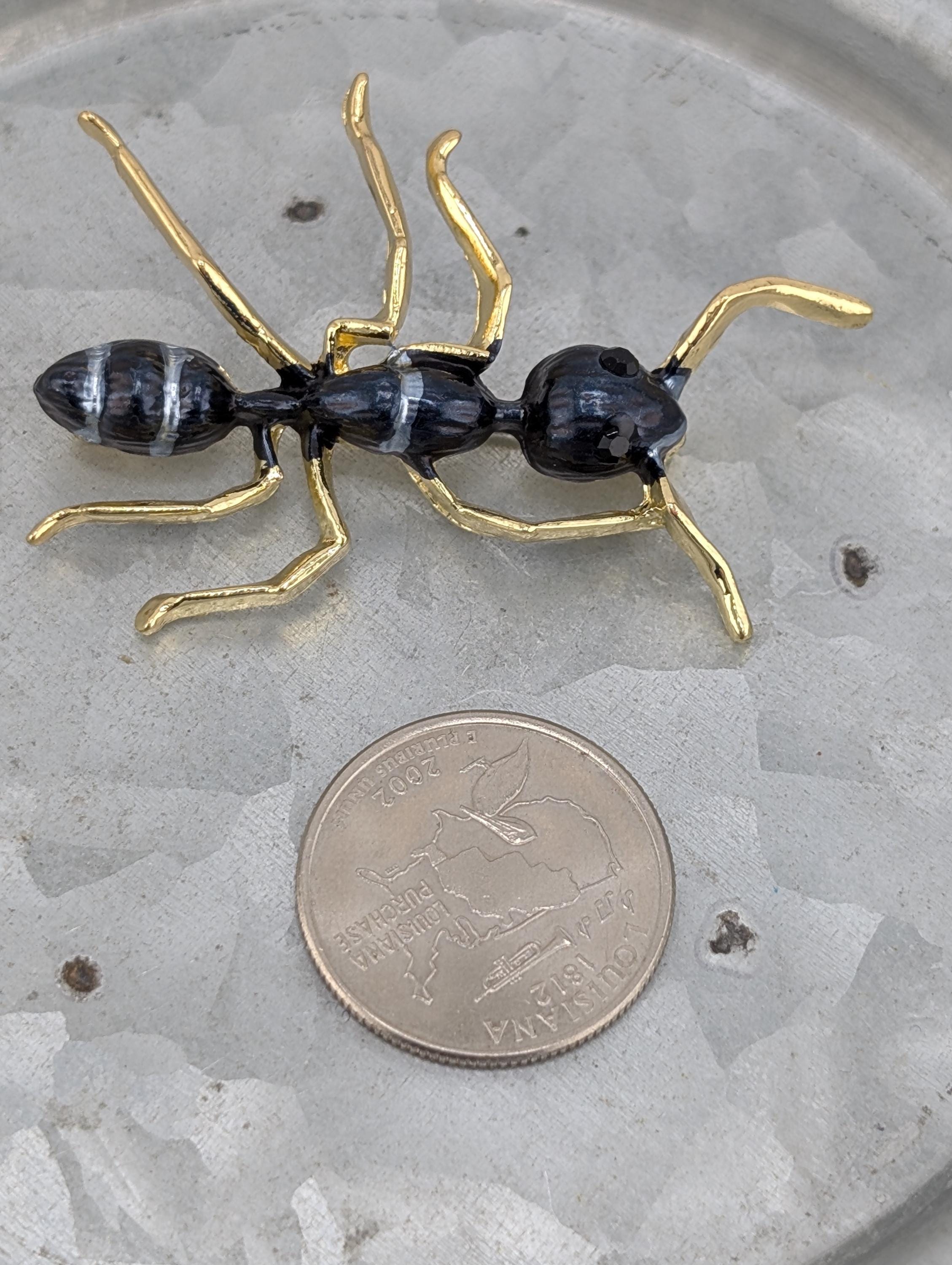 Gold Plated Ant Brooch - Black Enamel Pin or Pendant