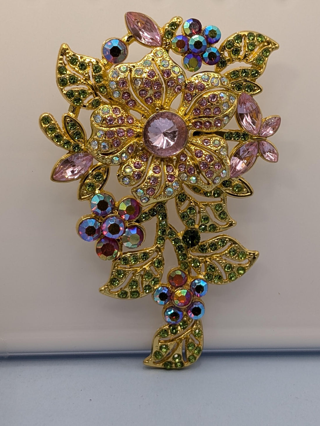 Gold Floral Brooch Pin, Rhinestone Accent (Small, Lightweight)