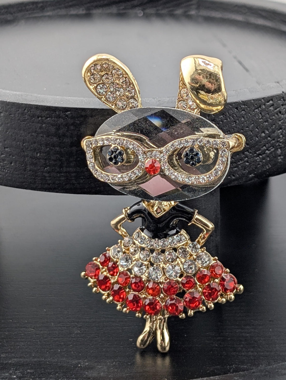 Gold Plated Bunny Brooch, Rabbit with Dress and Glasses (Red & White Gems)