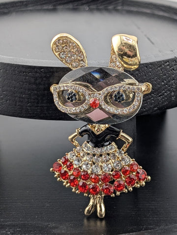 Gold Plated Bunny Brooch, Rabbit with Dress and Glasses (Red & White Gems)