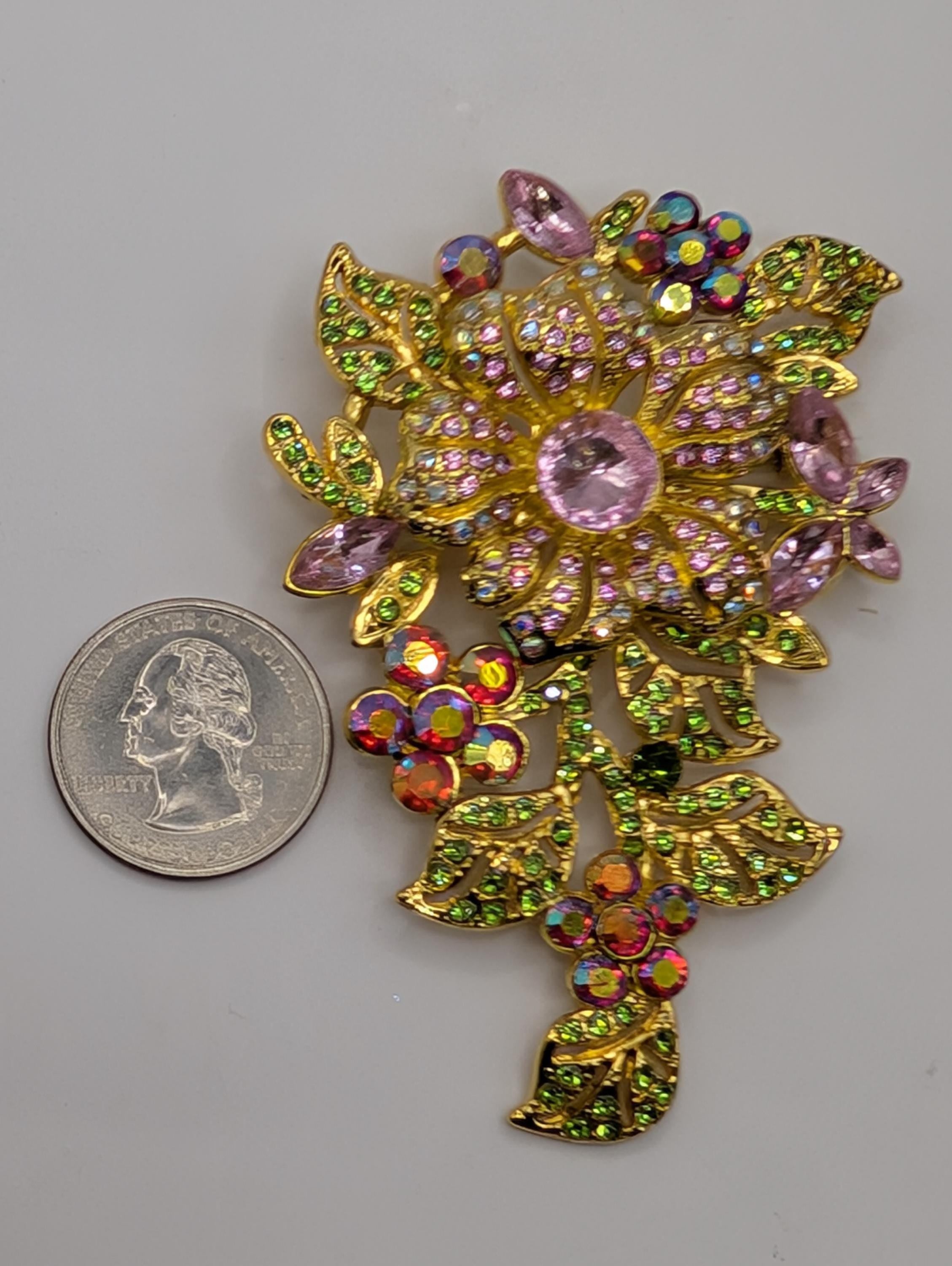 Gold Floral Brooch Pin, Rhinestone Accent (Small, Lightweight)