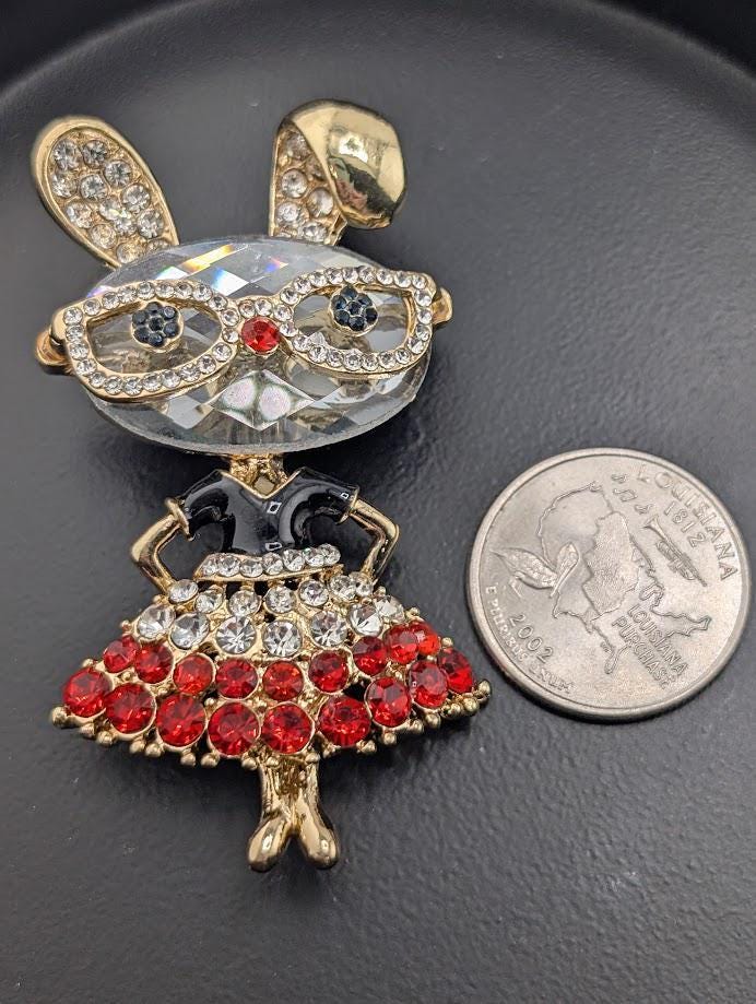 Gold Plated Bunny Brooch, Rabbit with Dress and Glasses (Red & White Gems)