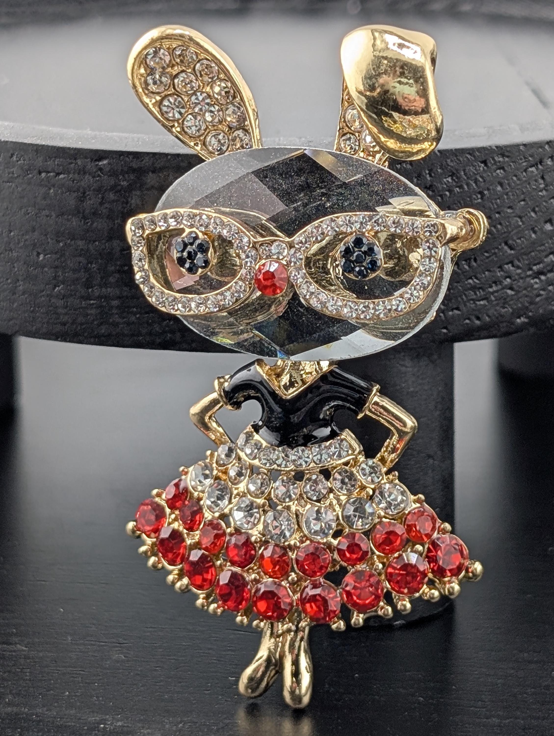 Gold Plated Bunny Brooch, Rabbit with Dress and Glasses (Red & White Gems)