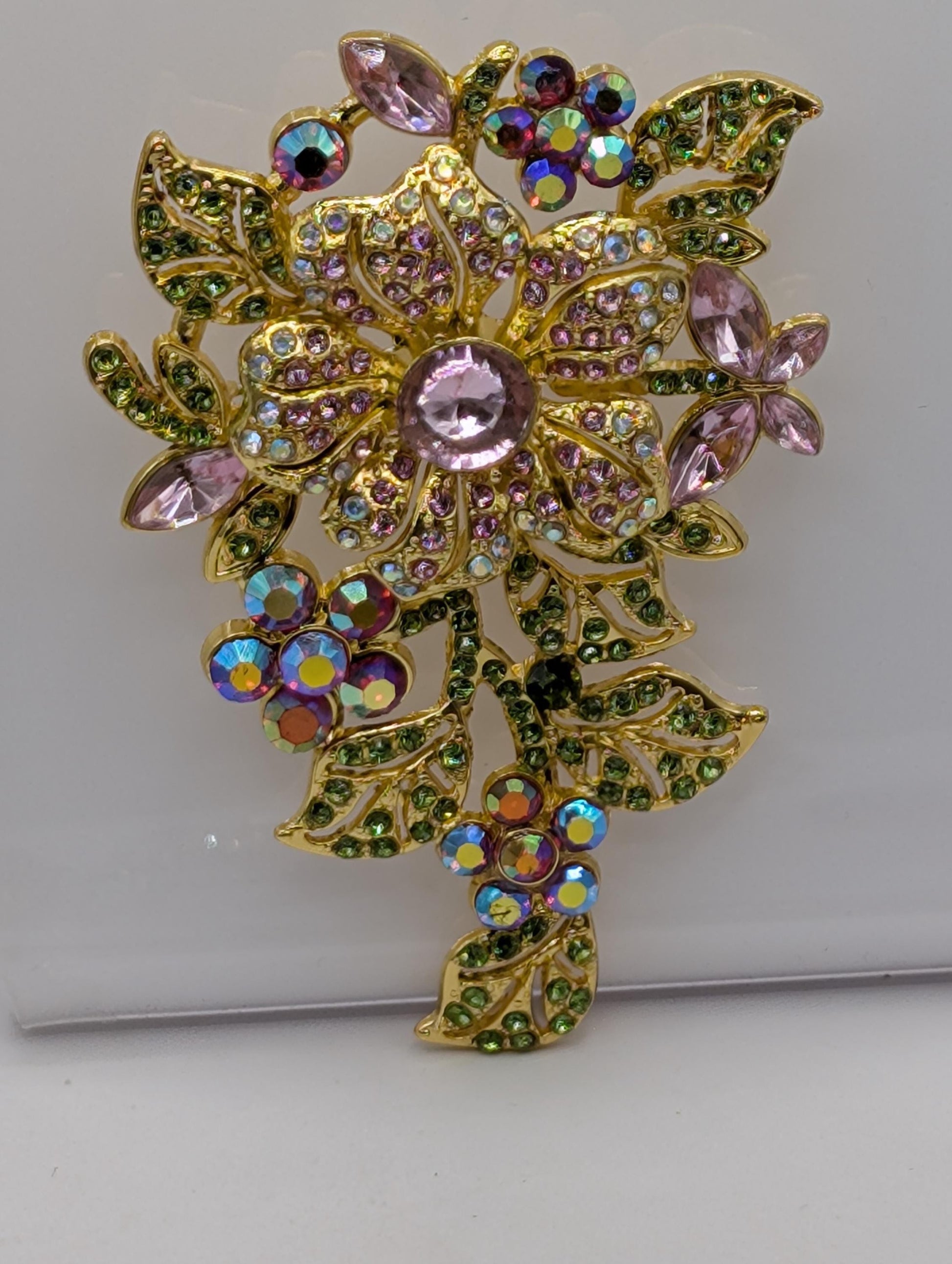 Gold Floral Brooch Pin, Rhinestone Accent (Small, Lightweight)