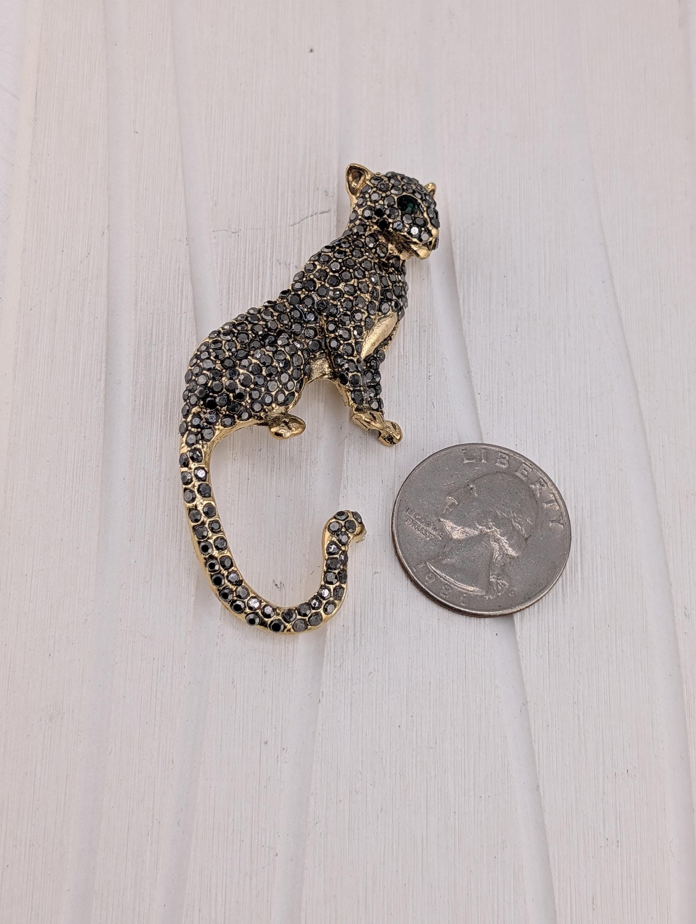 Leopard Brooch Pin: Black Gold Sparkle - Rhinestone Accent
