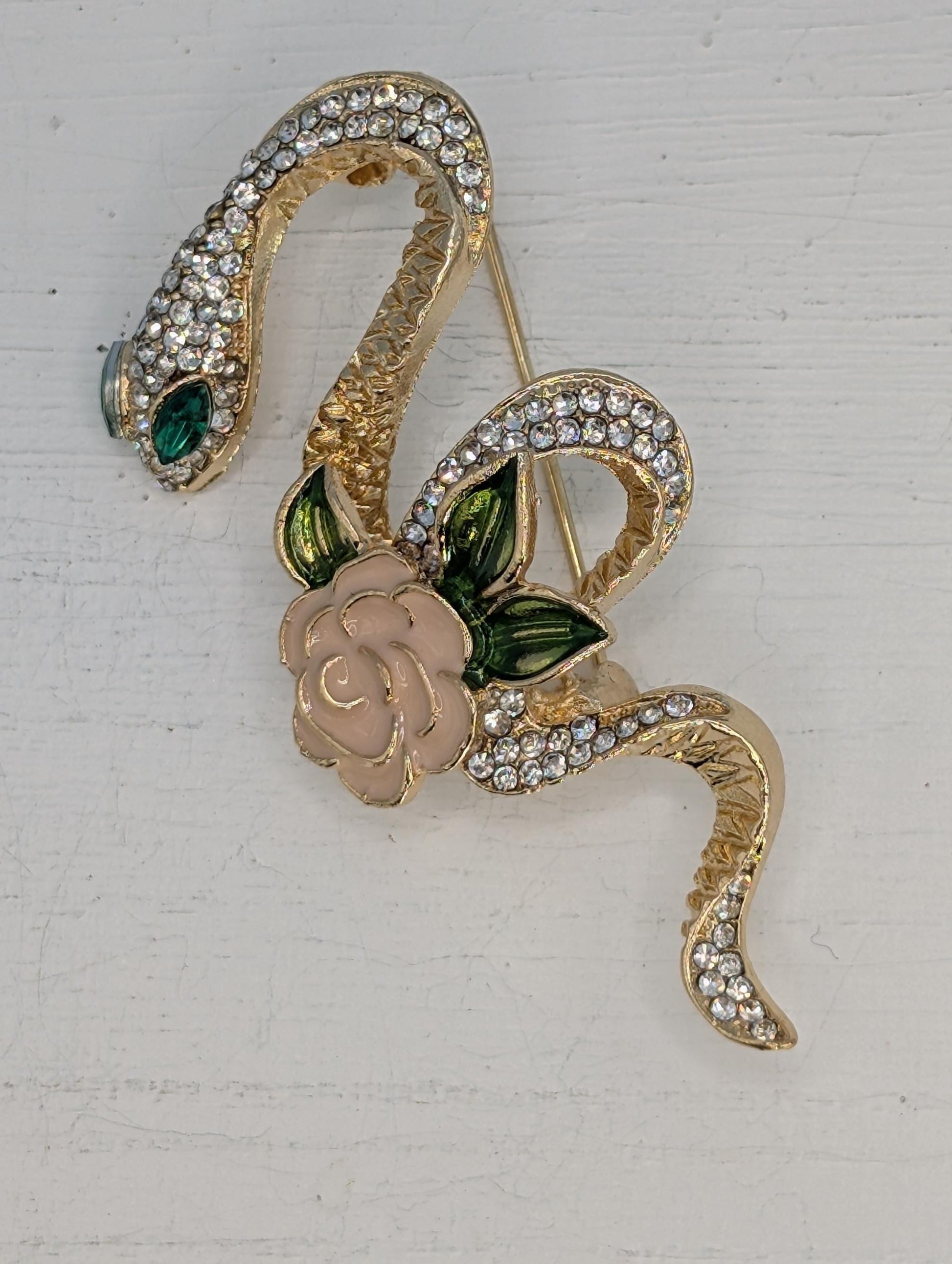 Gold Plated Snake and Rose Pin - Elegant Compact Floral Brooch