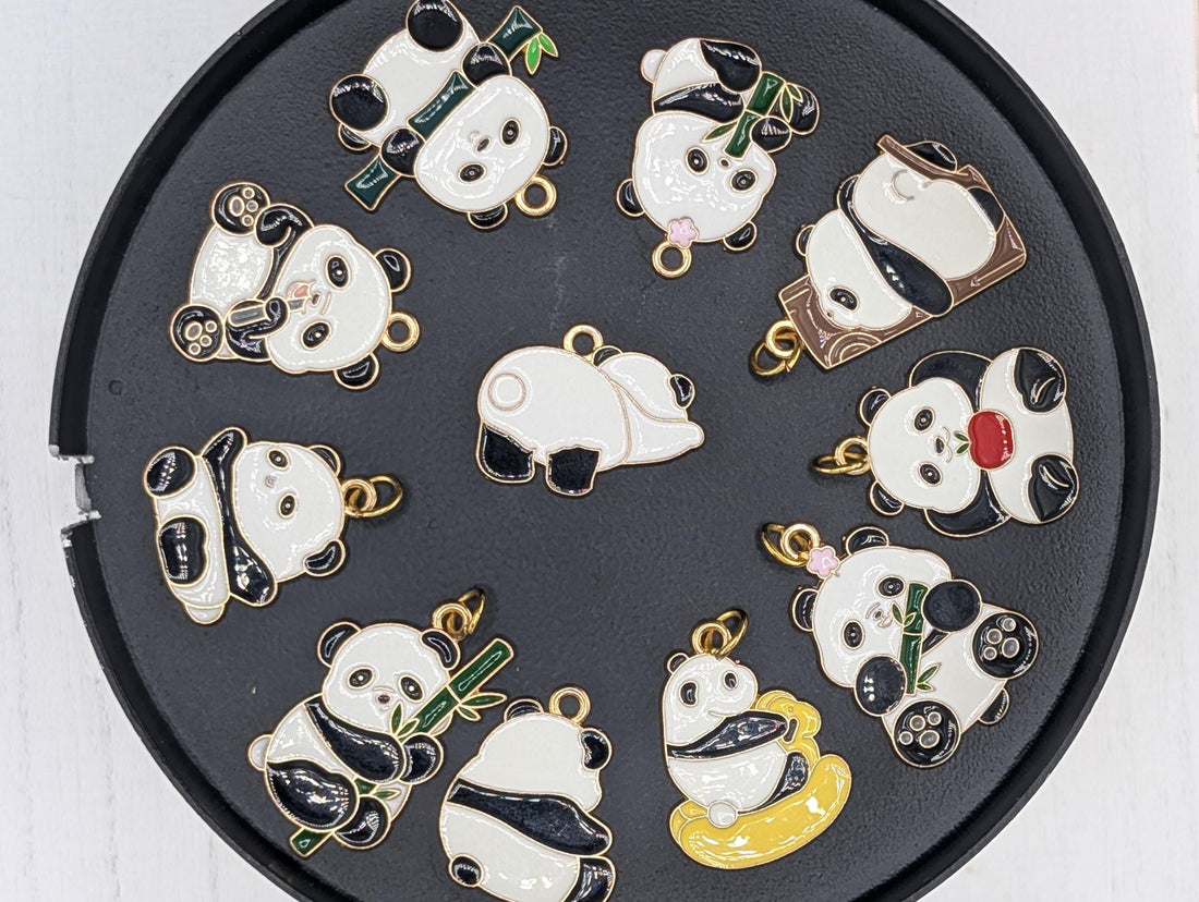 Set of 10 Gold Plated Enamel Panda Charms: DIY Jewelry Making Supplies